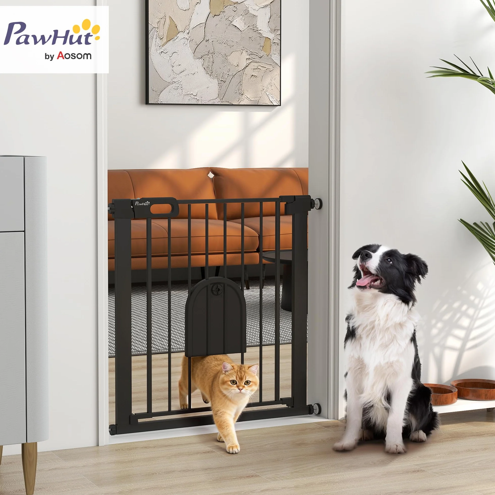 PawHut Barrière de sécurité Animaux 76H cm Chien Chat Porte Fermeture Automatique Double Verrouillage Fixation Pression 75-82 cm Acier ABS Noir