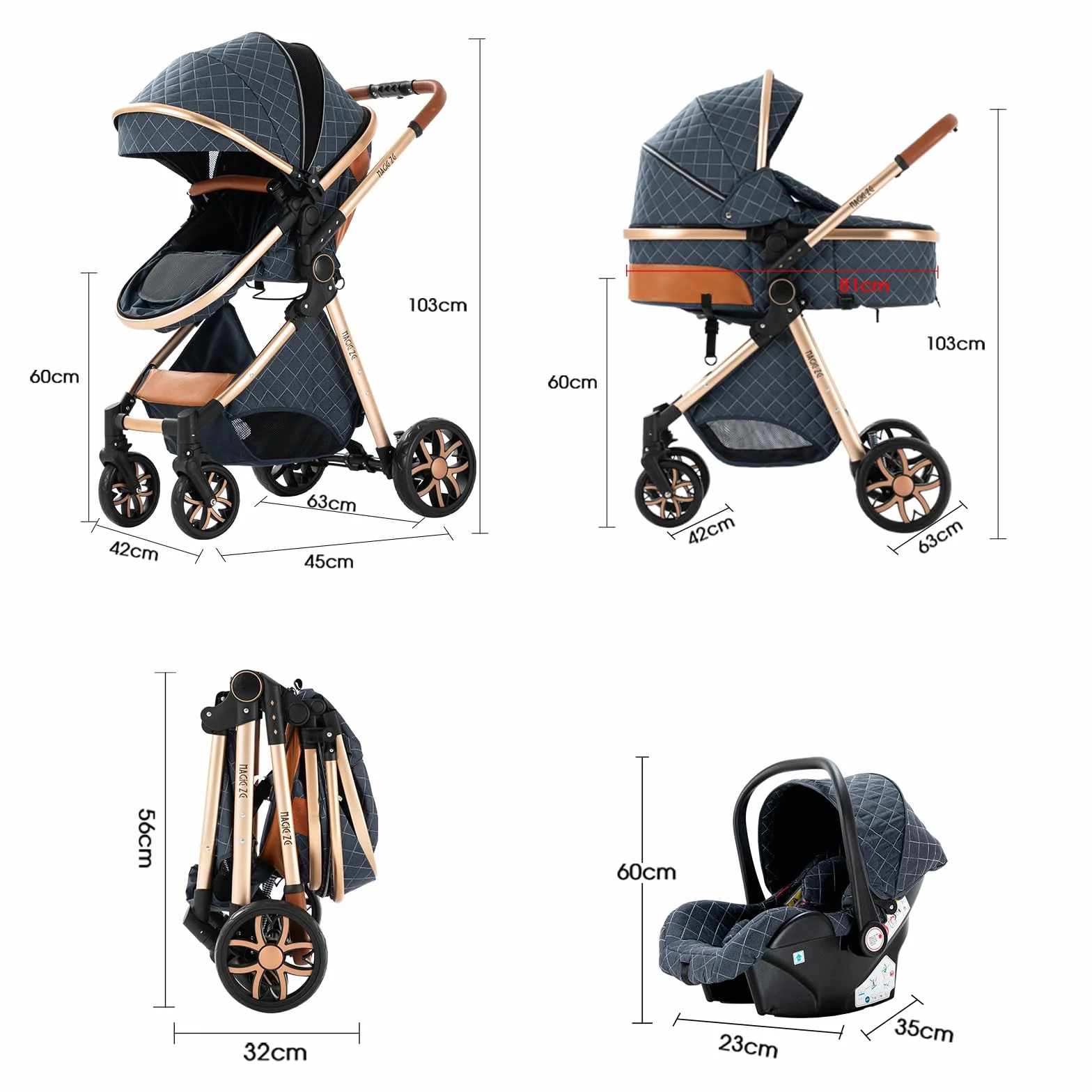 Poussette 3 en 1 Bebe avec Mode Double Poussée Réversible, Poussette Citadine Nacelle Grande, Cadre en Alliage d'aluminium Pliable Haut Paysage (225 Chocolate)