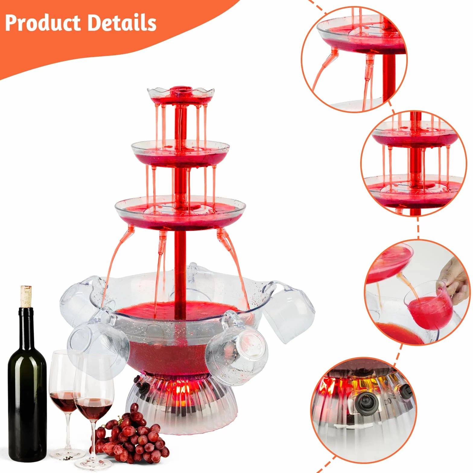 Fontaine à vin rouge 3 niveaux transparente avec 5 tasses, base LED, stable pour fête anniversaire