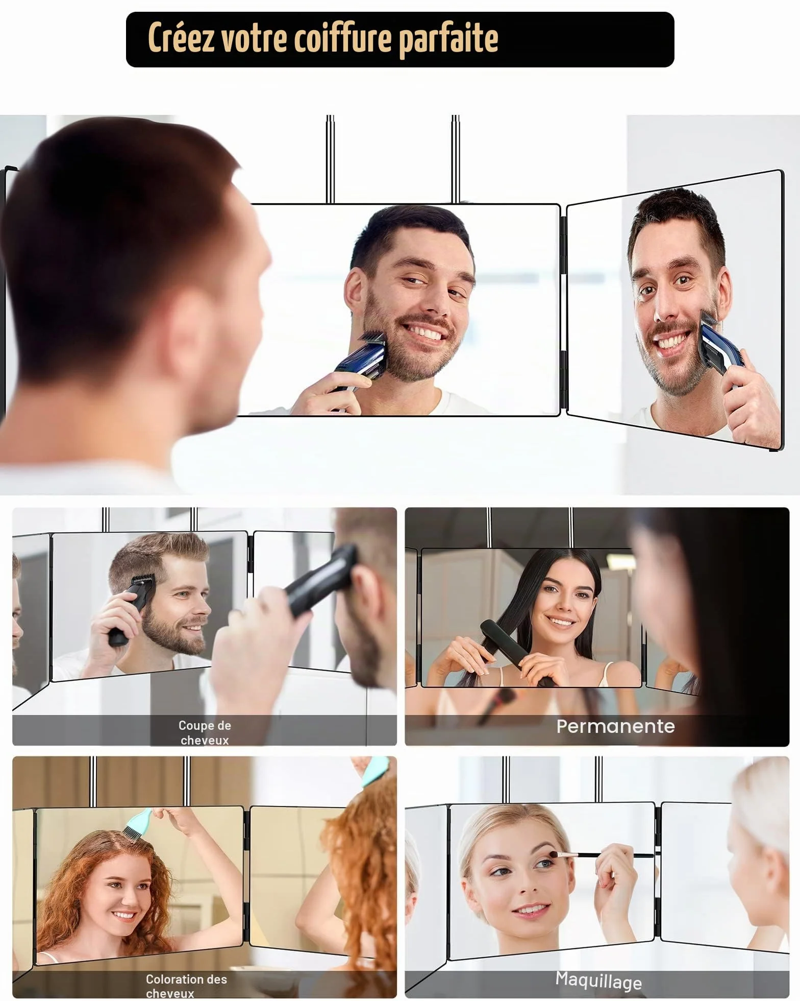 JUSRON Miroir à Suspendre 360° Pliable 3 Parties Réglable en Hauteur Cosmétique Maquillage Rasage Coiffure