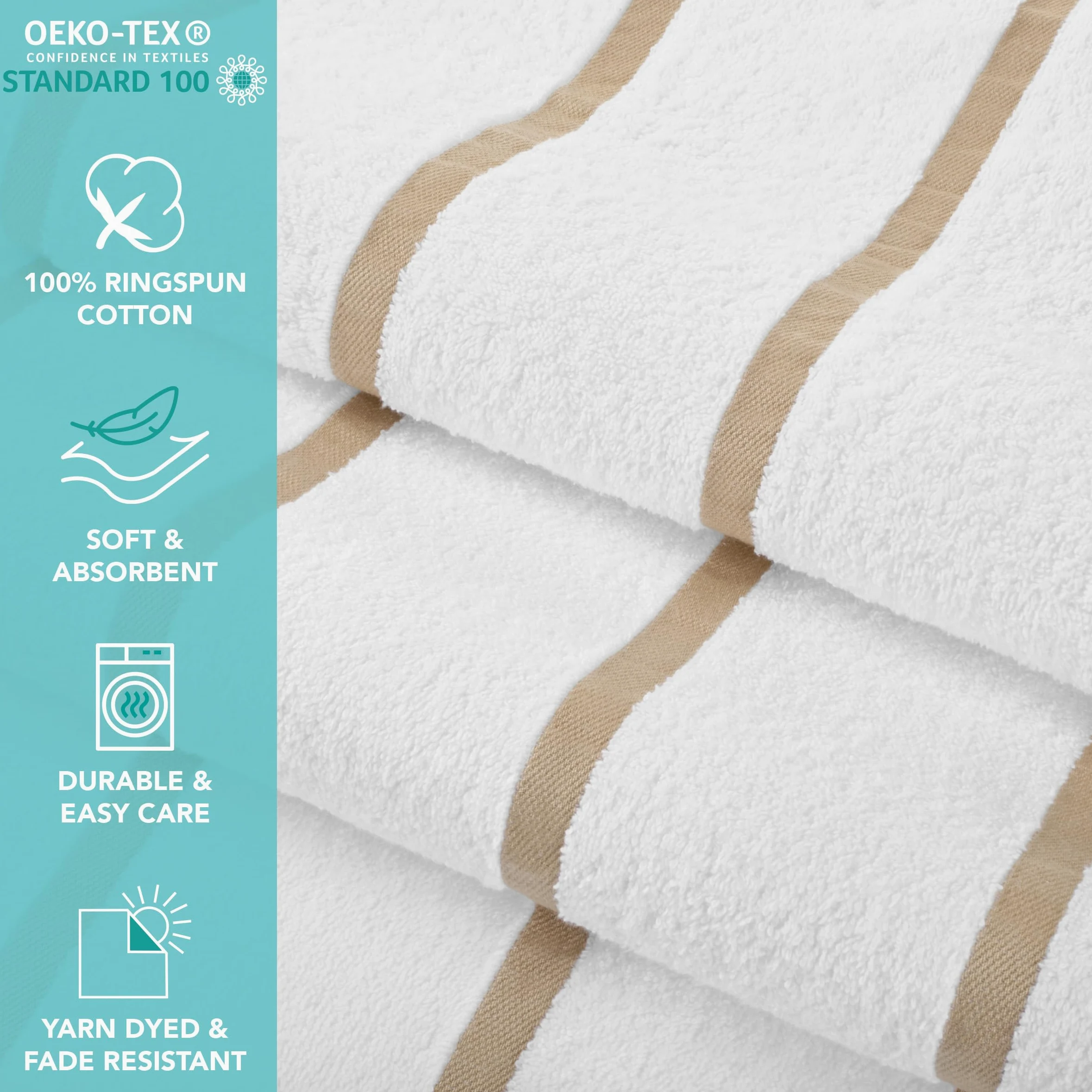 Arkwright Lot de 4 Serviettes de Plage Las Rayas 100% Coton filé à l'anneau Douces à séchage Rapide, 480 g/m² pour hôtel, hôtel, Spa, Tube à remous, 76,2 x 152,4 cm, Rayures Beiges