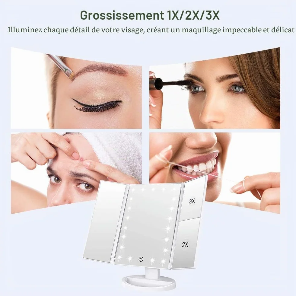 WEILY Miroir de Maquillage 3 Volets avec 21 LED Tactile Blanc