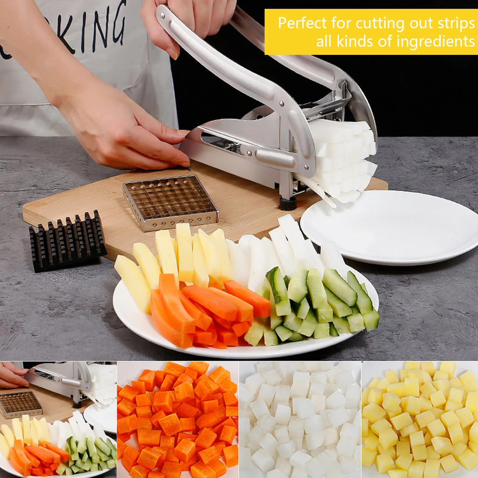 Professionnel Coupe Frite Manuel avec 2 Lames Antidérapante, Coupe-Légumes Accessoires Friteuse