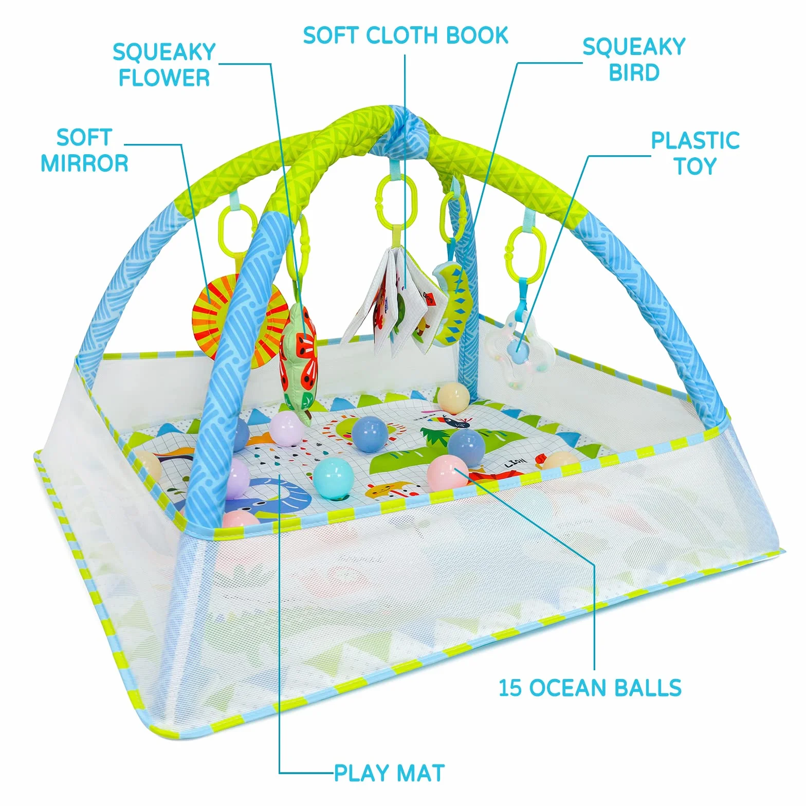 Dr.Rapeti Tapis d'éveil Bébé avec Arche, Jouets Amovibles, Miroir, Livre en Tissu, Balles