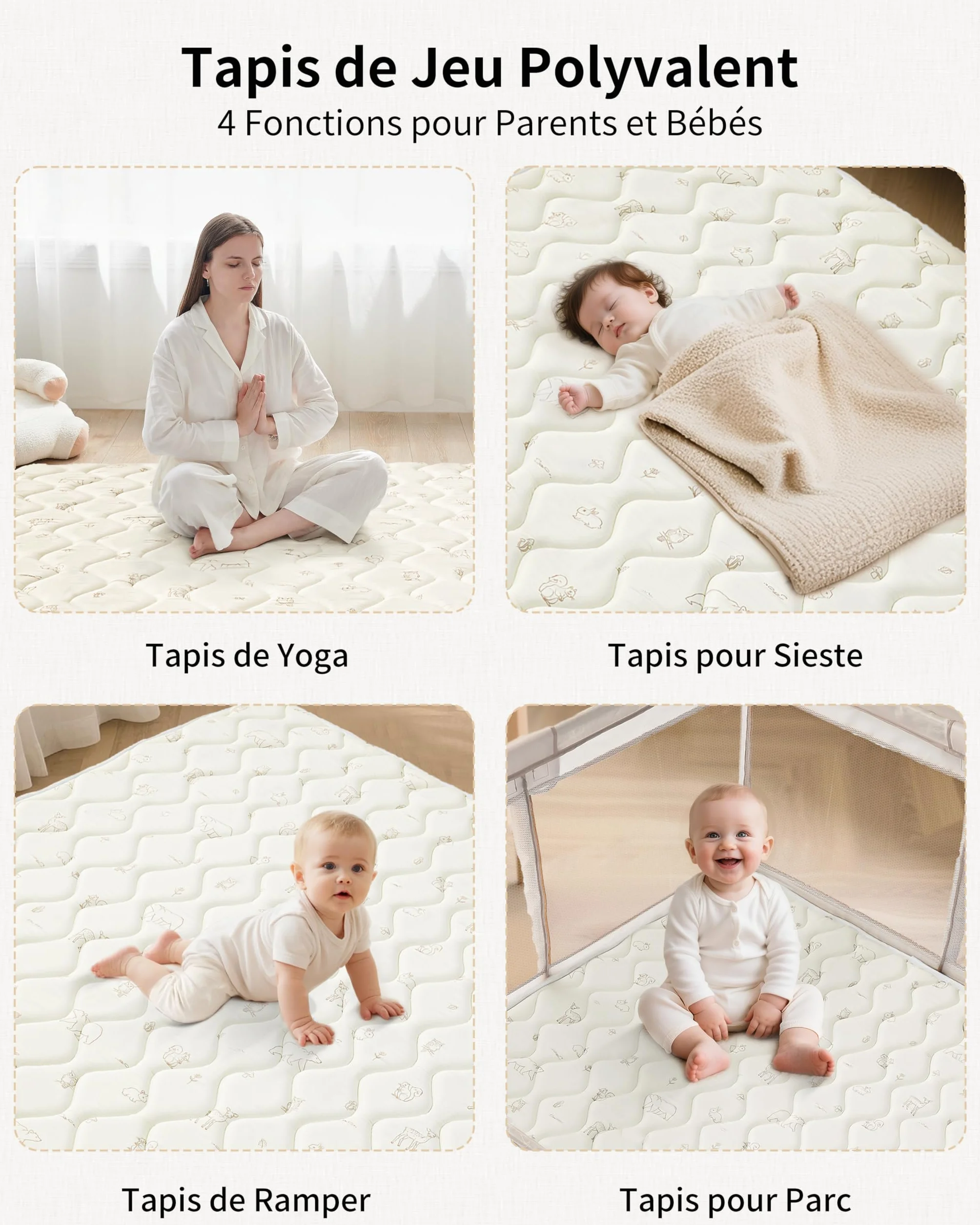 Tapis Bébé Pliable 120x120cm Antidérapant Matelas Mousse Lavable Motricité Sol Parc 0-24 Mois Forêt Beige