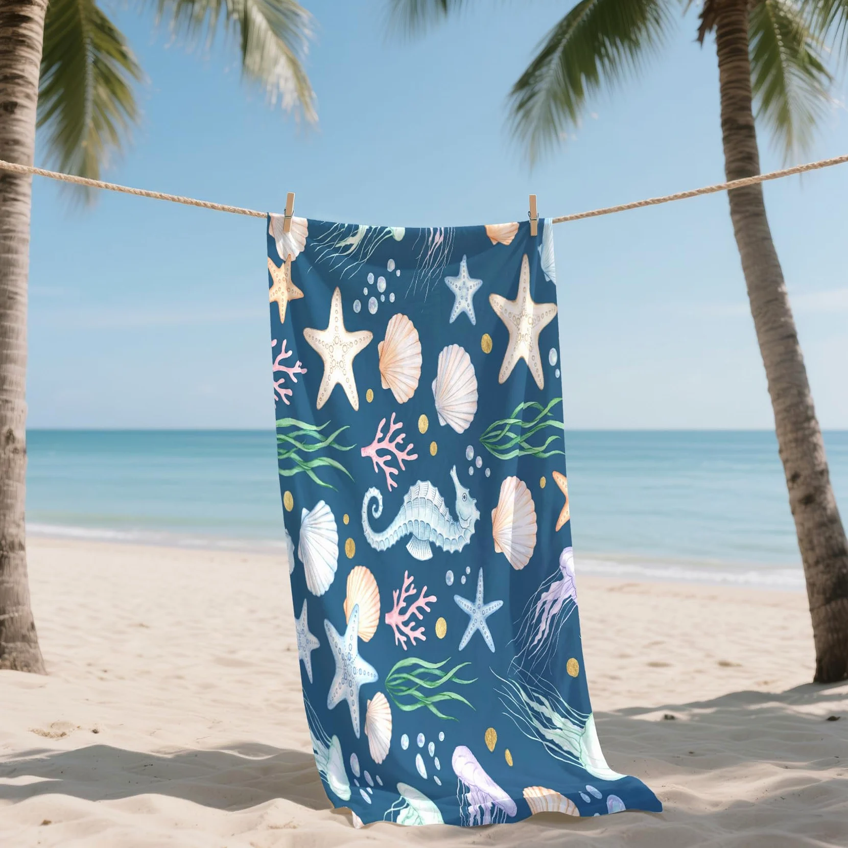 Serviette de Plage XXL Microfibre Coquillage étoile de Mer Hippocampe, Drap de Plage Séchage Rapide Anti Sable & Légère, Serviette de Bain Grande Taille 200x200 cm, Accessoire & Cadeau été