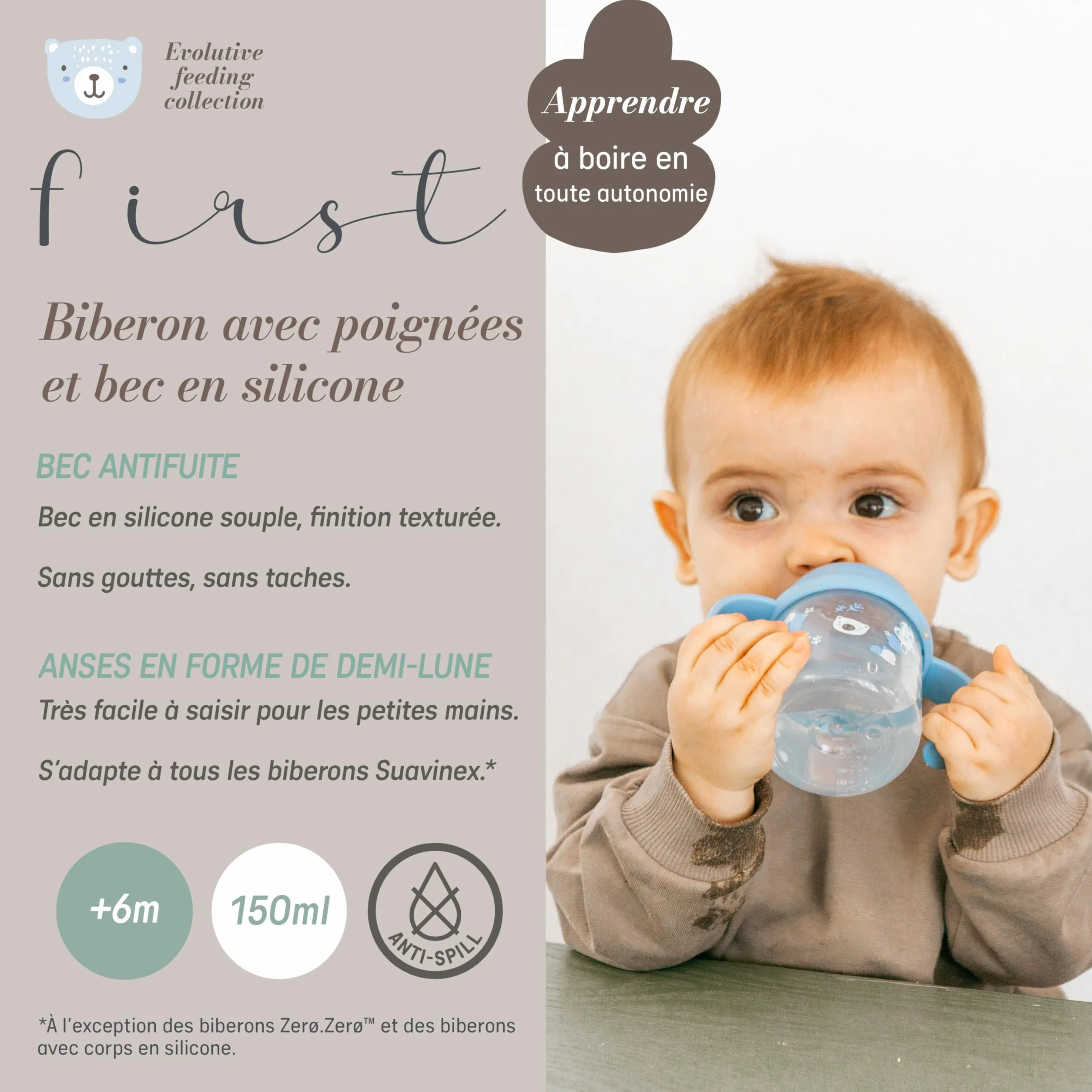 Suavinex Biberon à Anses Tasse Apprentissage Bébé Bec Souple Silicone Anti-Colique 150 ml Wild&Free Rose