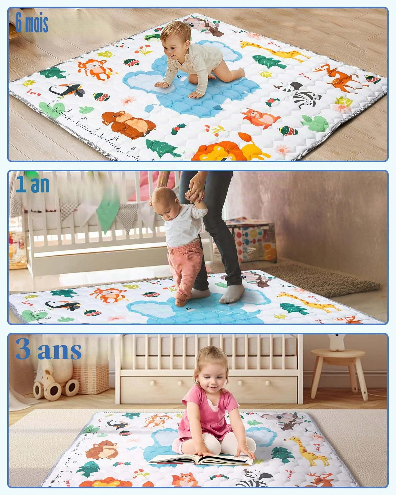 Tapis de Jeux Bébé Antidérapant 127x127cm Animaux Motricité Pliable Coton Épais