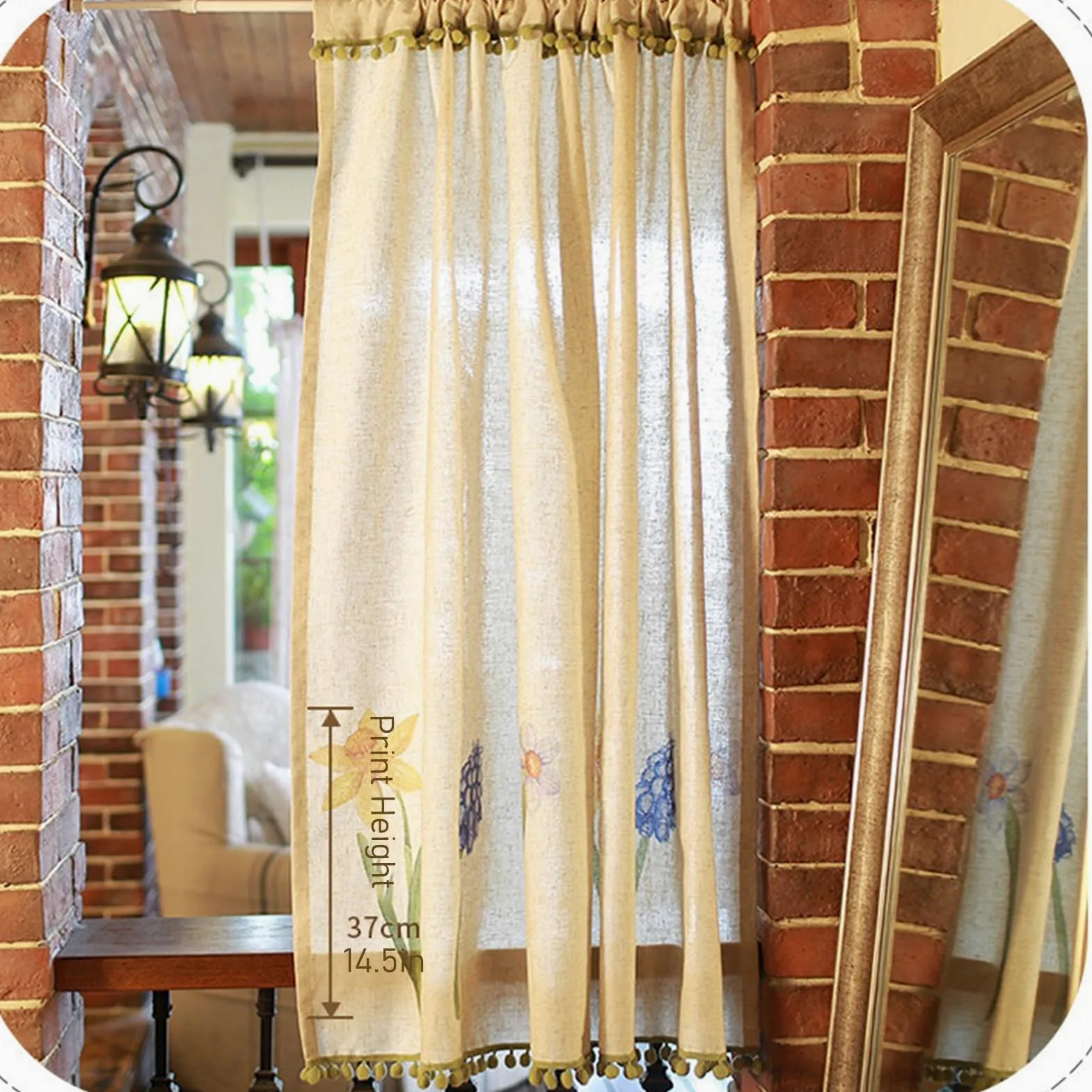 Rideaux Courts Demi-FenêTre Cuisine, Rideaux Occultants Camping-Car | Tissu Imprimé Beige, Franges de Boules de Fourrure Vertes, Rideaux Café, Pour Sous-sols(W53xh49.2in/w135xh125cm)