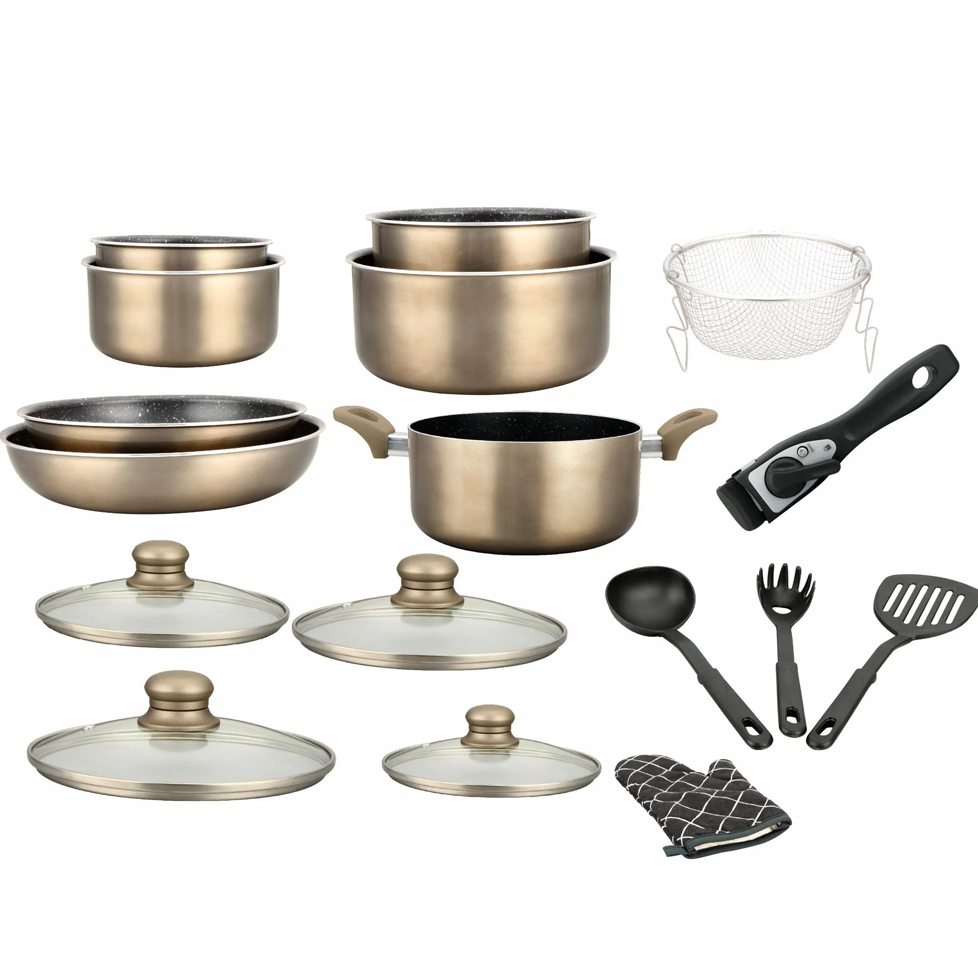 Herzberg Batterie de Cuisine Set de Casseroles et Poêles Induction 17 Pièces Aluminium Forgé Revêtement Marbre Anti-Adhésif Tous Feux Gant Inclus