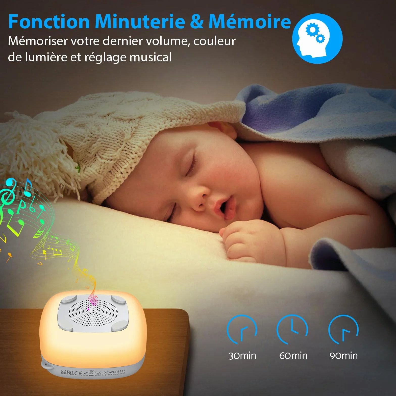 eSynic Mini Veilleuse Bruit Blanc Machine à Sommeil Portable pour Bébé, 30 Sons et 7 Couleurs