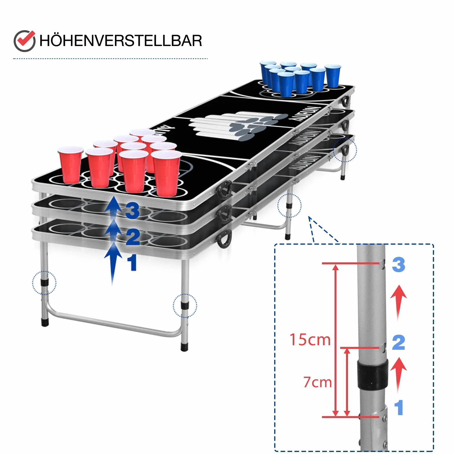 NAIZY Table Beer Pong Premium Réglable Hauteur Aluminium MDF 242x62cm Noir avec 100 Gobelets 5 Balles