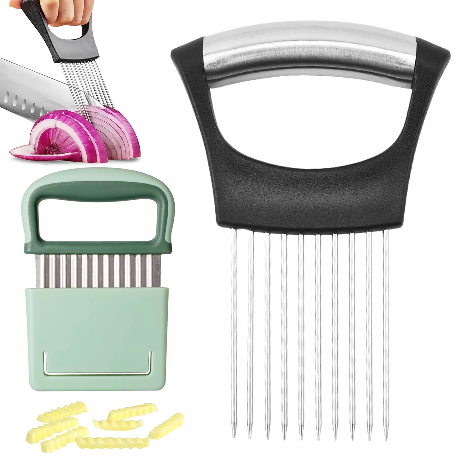 Coupe Oignon Acier Inoxydable Couteau Ondulé Frites Porte Tranche Oignons Viande Pommes de Terre