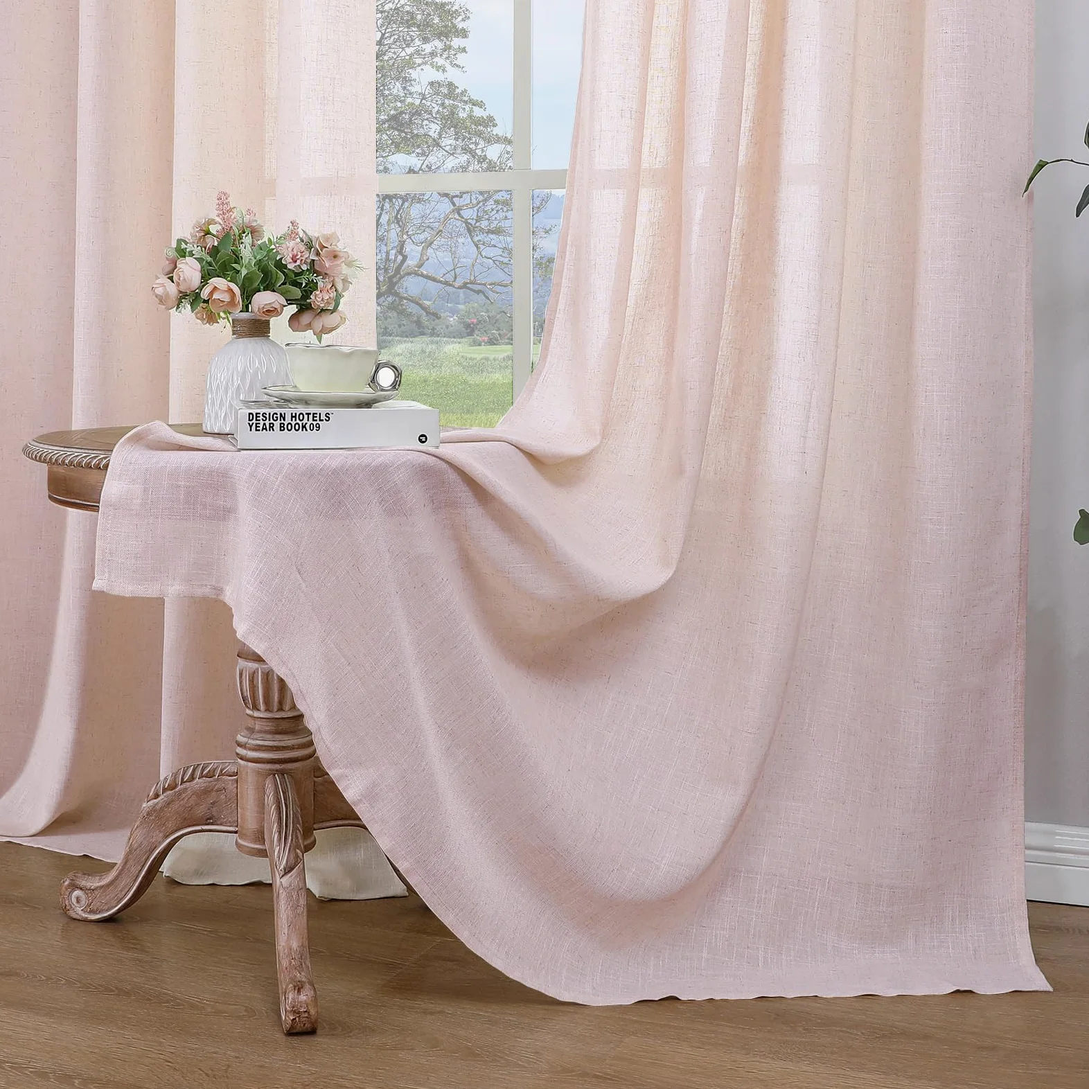 CUCRAF Rideau avec Oeillets Voilage Lin Semi-Transparent, Vieux Rose 140x245cm Lot de 2