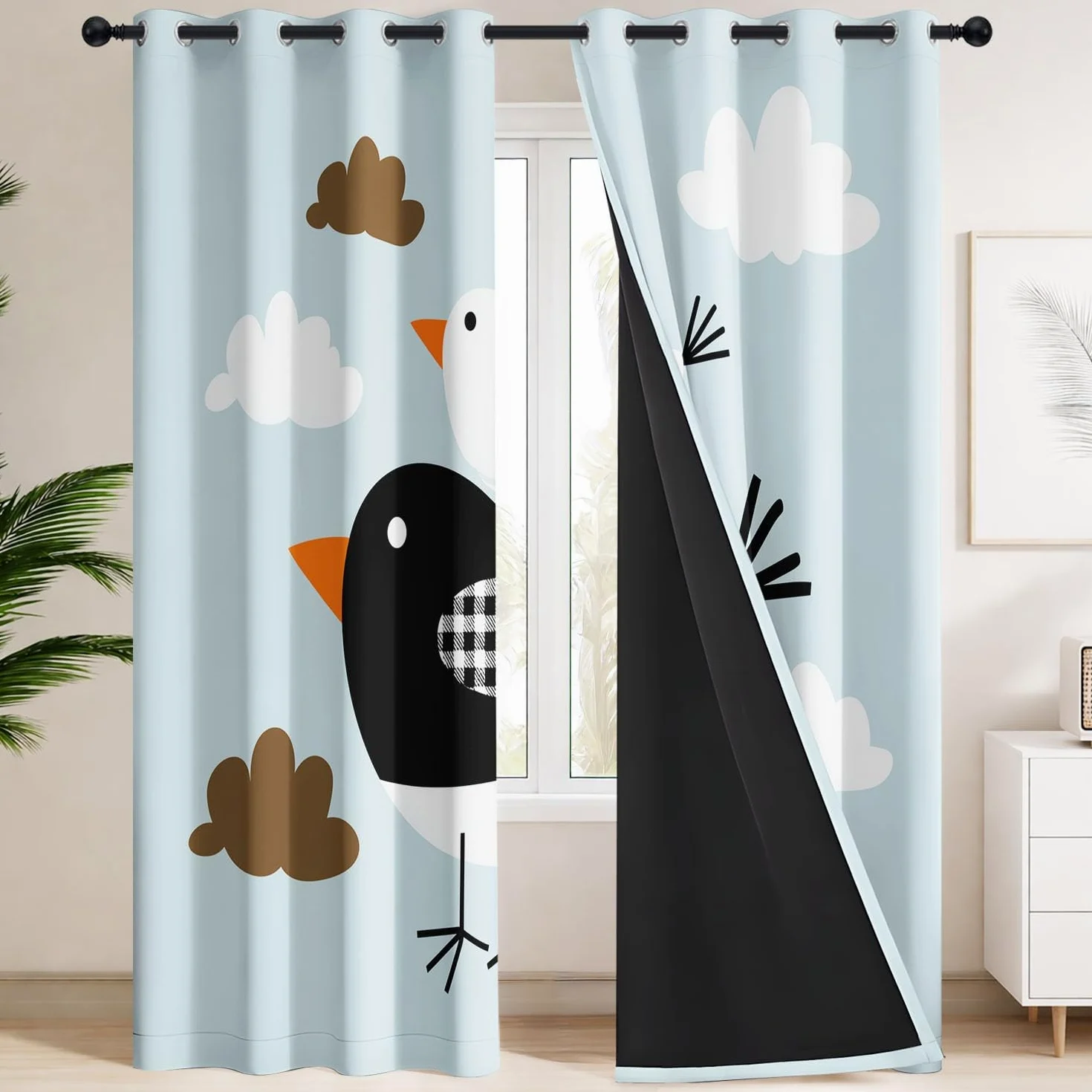 Rideau Occultant Géométrique Minimaliste Lot de 2 L 140 x H 220 cm Oiseaux Carreaux Nuages Rideaux Imprimés en Polyester à Oeillets Isolant Thermique Anti Froid pour Salon et Chambre d'enfant