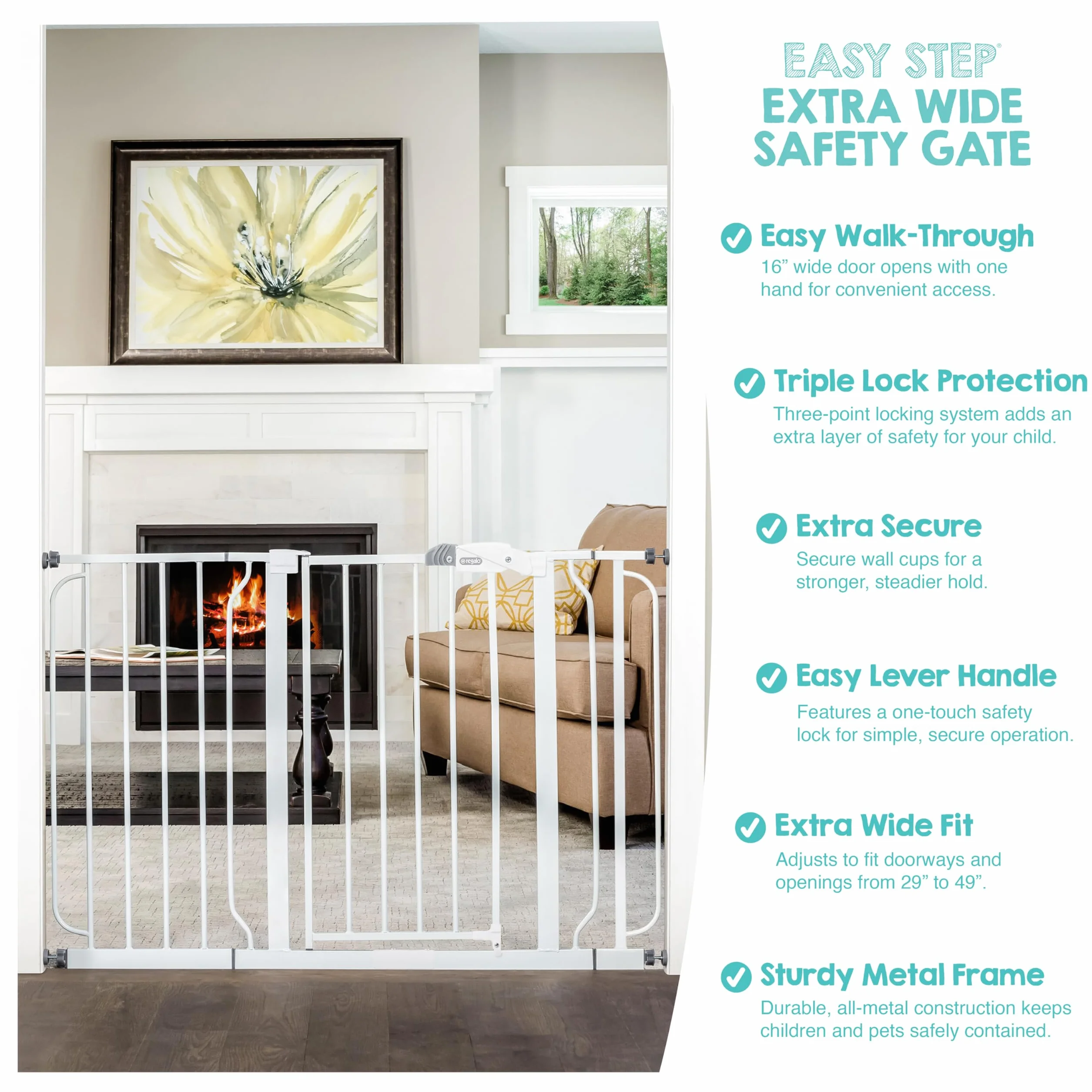 Regalo Safety Extra Wide Baby Gate for Doorways & Stairs, Fits 73.6-122cm, Pressure Mounted, White