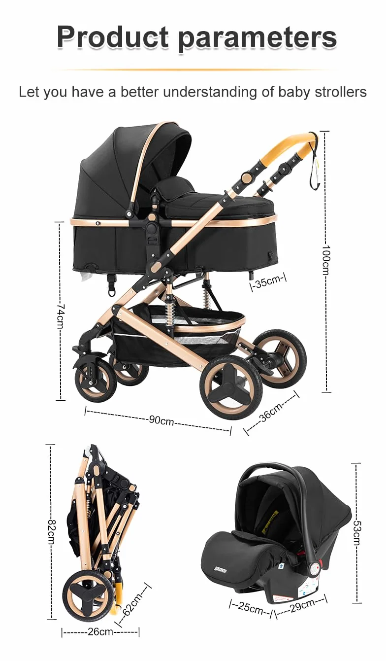 Poussette 3 en 1 Combinée Bébé Réversible, Cadre Aluminium Léger, Pliage Rapide