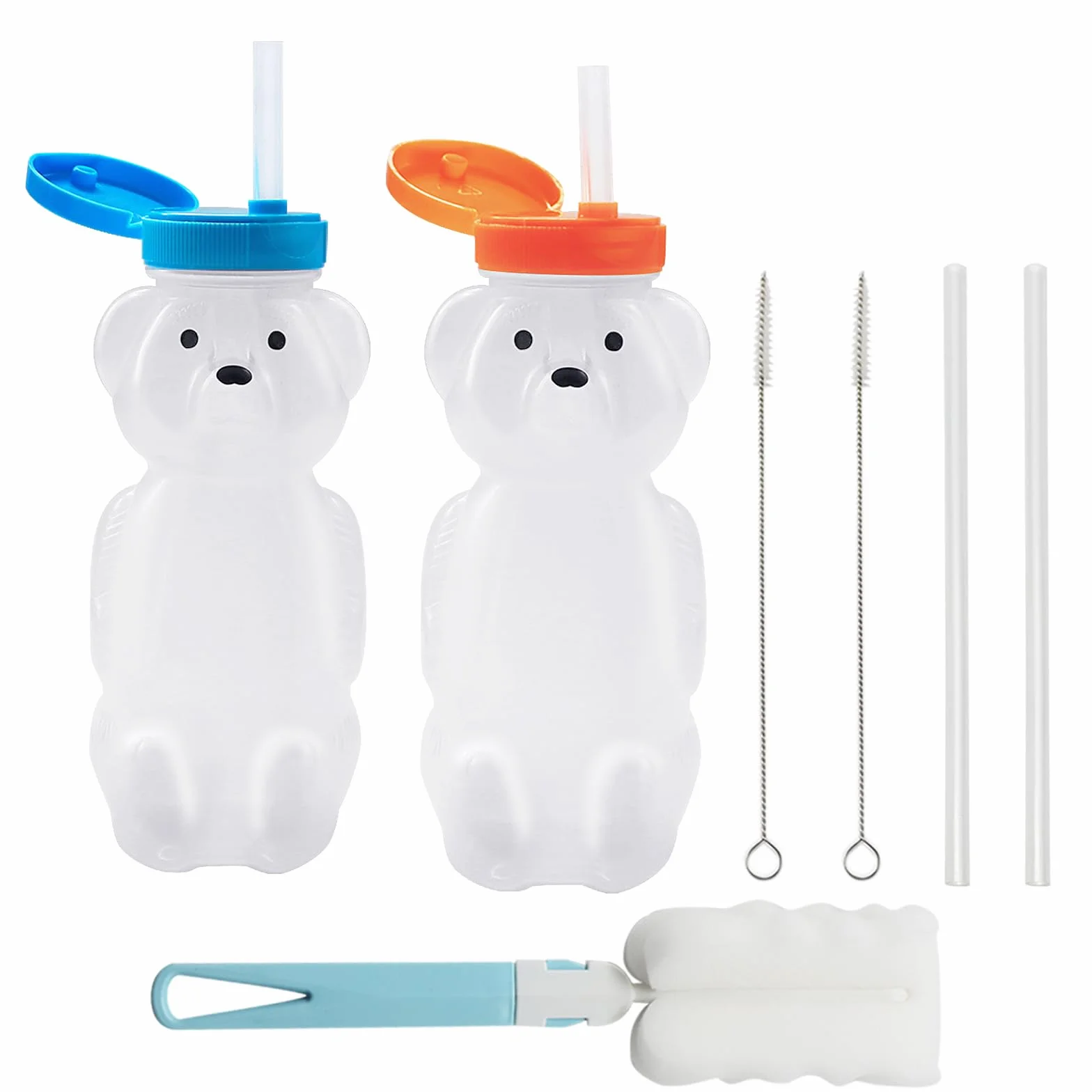 Gobelets en paille en forme d'ours à miel, réutilisables sans BPA, lot de 2 avec pailles et brosses