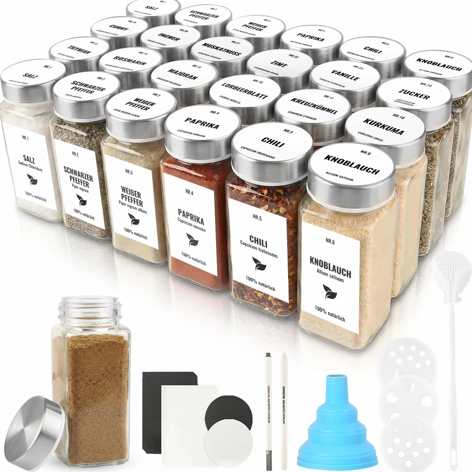 Bocaux à Épices Verre Carré 120ml 24 Pièces avec Couvercle Acier Inoxydable Rangement Cuisine
