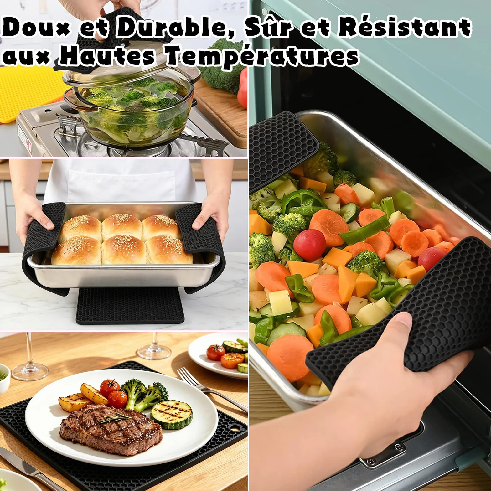 Scettar 4 Pcs Dessous de Plat en Silicone Noir pour Casseroles et Poêles Chaudes