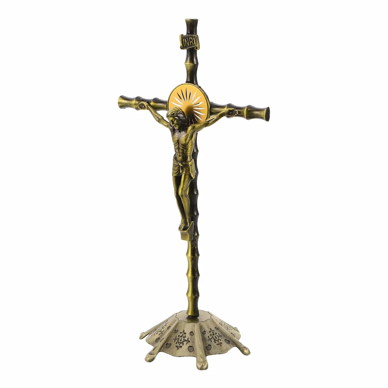 Crucifix à Poser en Alliage de Zinc Style Vintage 19cm Croix Chretienne de Table Décorative avec Socle