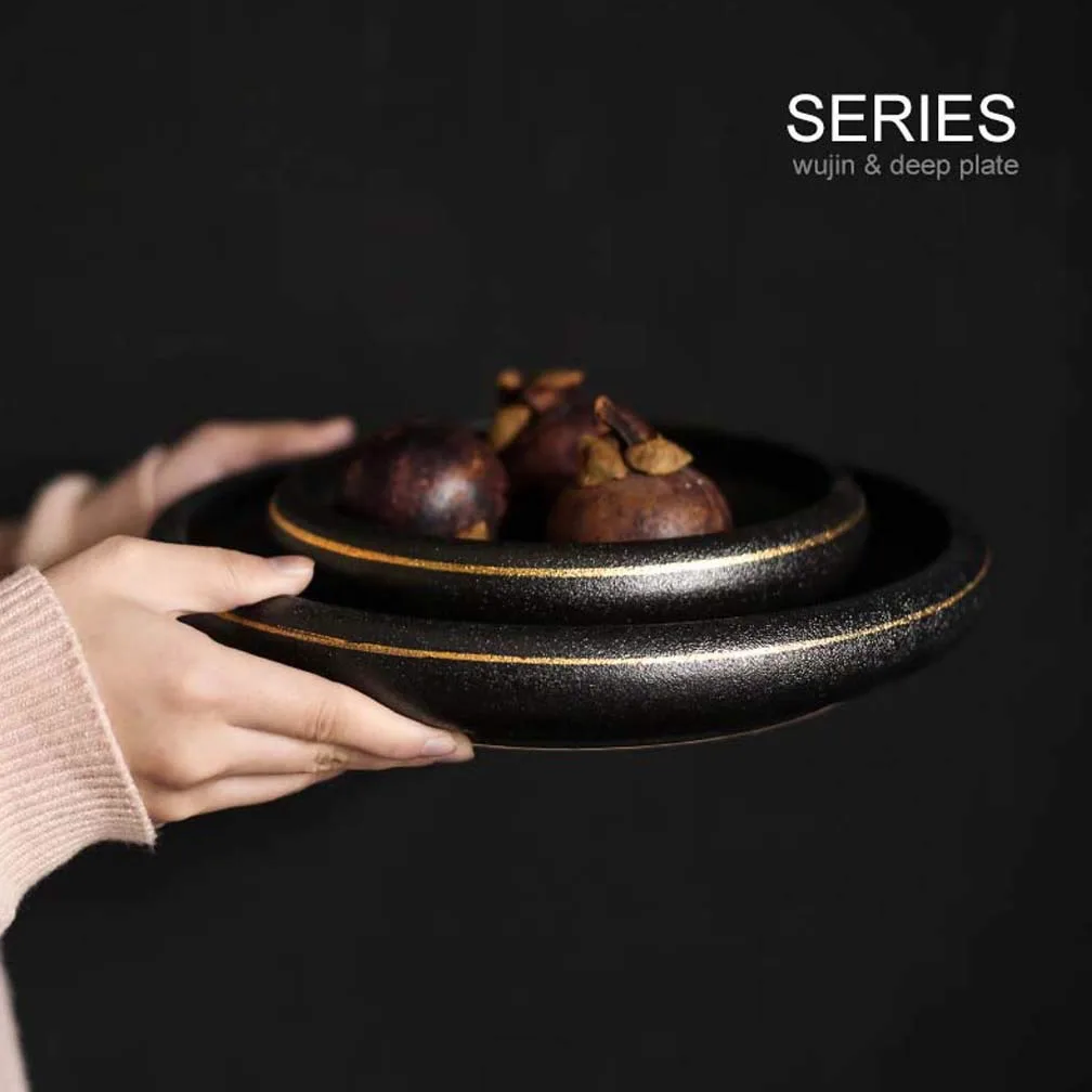 Ensemble bol et assiette japonais en céramique noire et dorée - Bol profond à salade et à nouilles - Plat de service créatif idéal pour le petit déjeuner et la maison