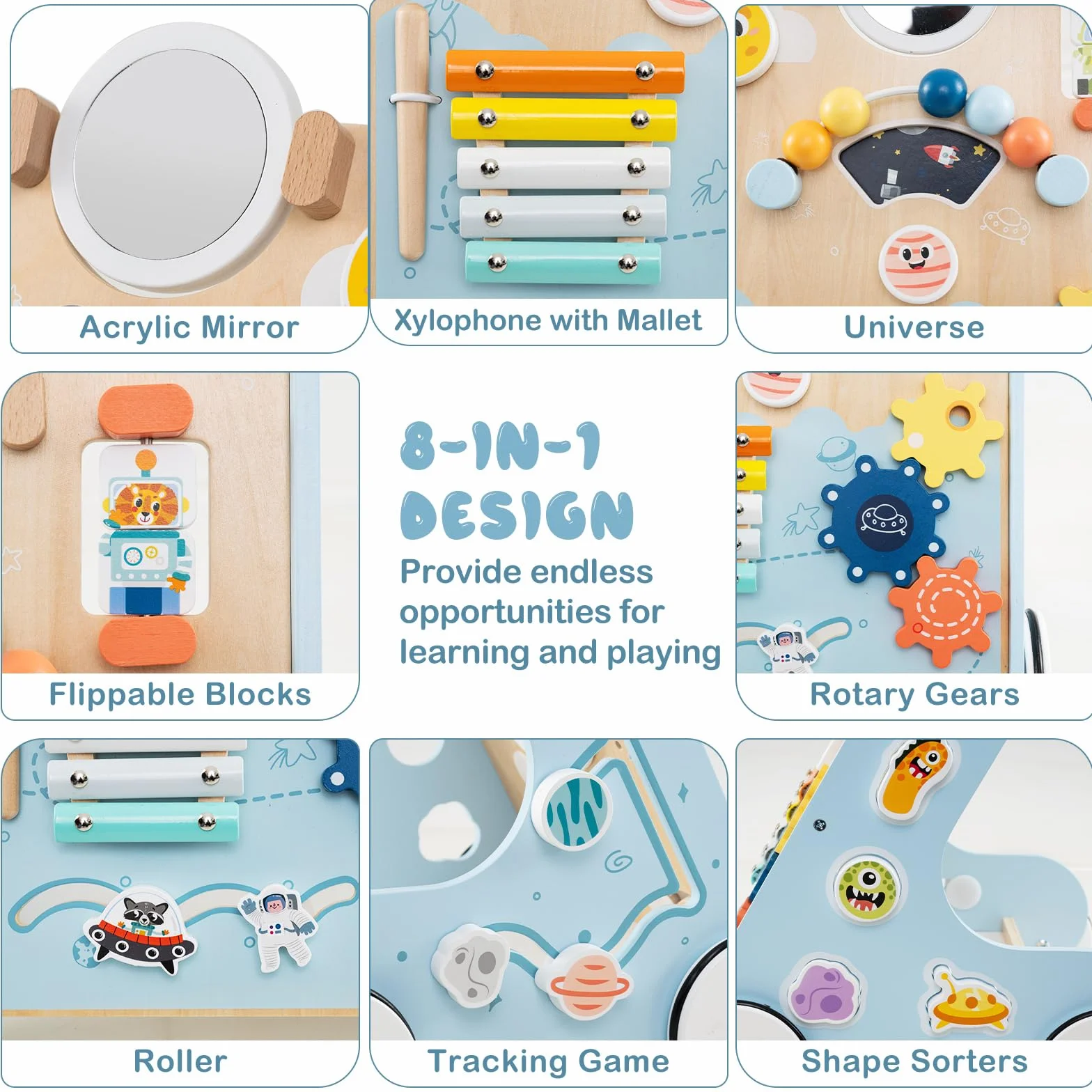LIFEZEAL Chariot de Marche Bébé en Bois, Trotteur Evolutif 8 en 1, Centre d'activité avec Xylophone en métal, Jouet éducatif, Marcheur pour Bebe 1+ an (bleu)