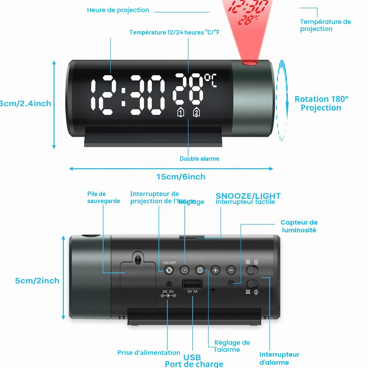 Réveil Projecteur Plafond avec Horloge Digitale 180°, Température, Snooze, Mode Nuit, Affichage 12H/24H