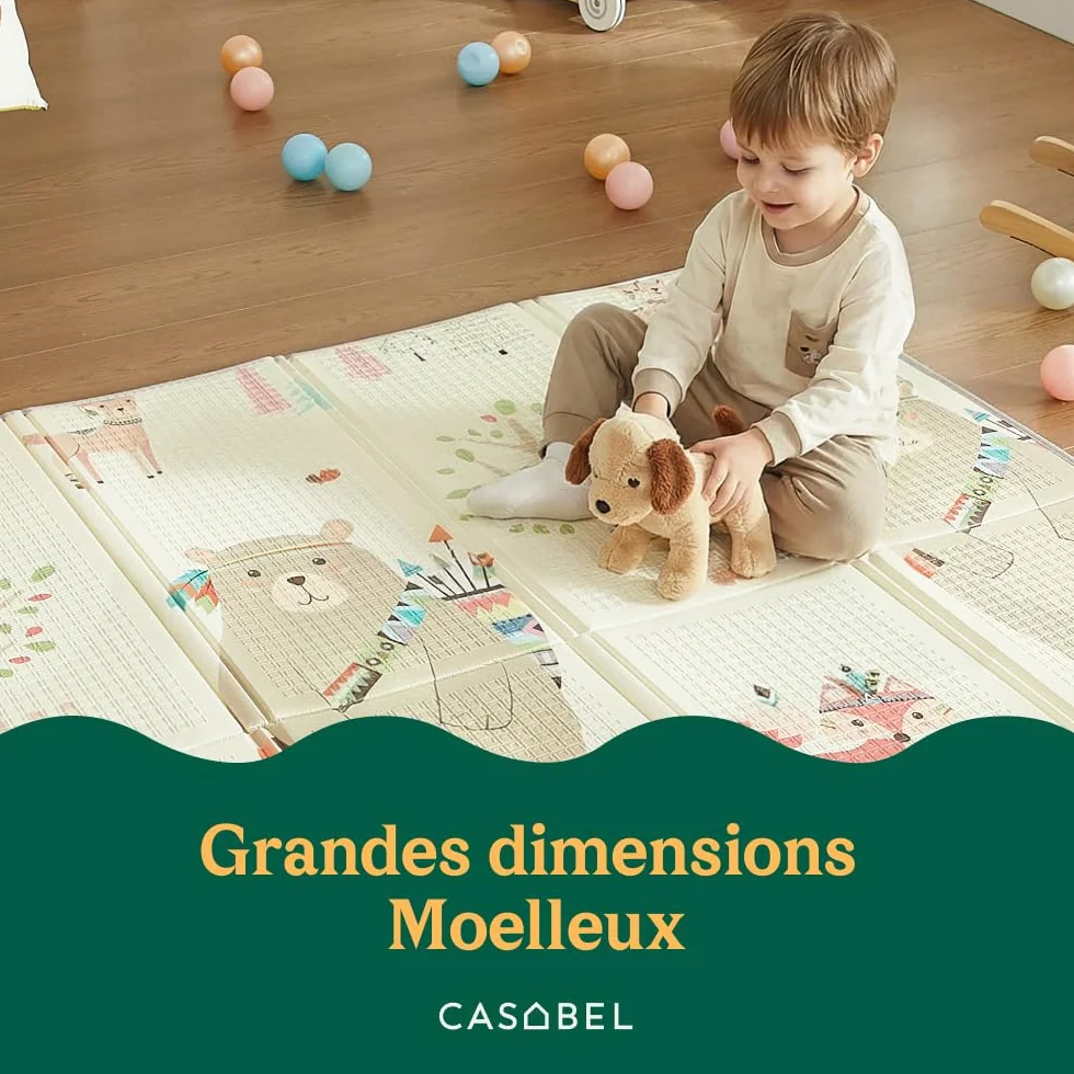 CASABEL Tapis d’Éveil Bébé Évolutif 180×150 cm, Pliable, Imperméable, Épais, Motifs Animaux Forêt