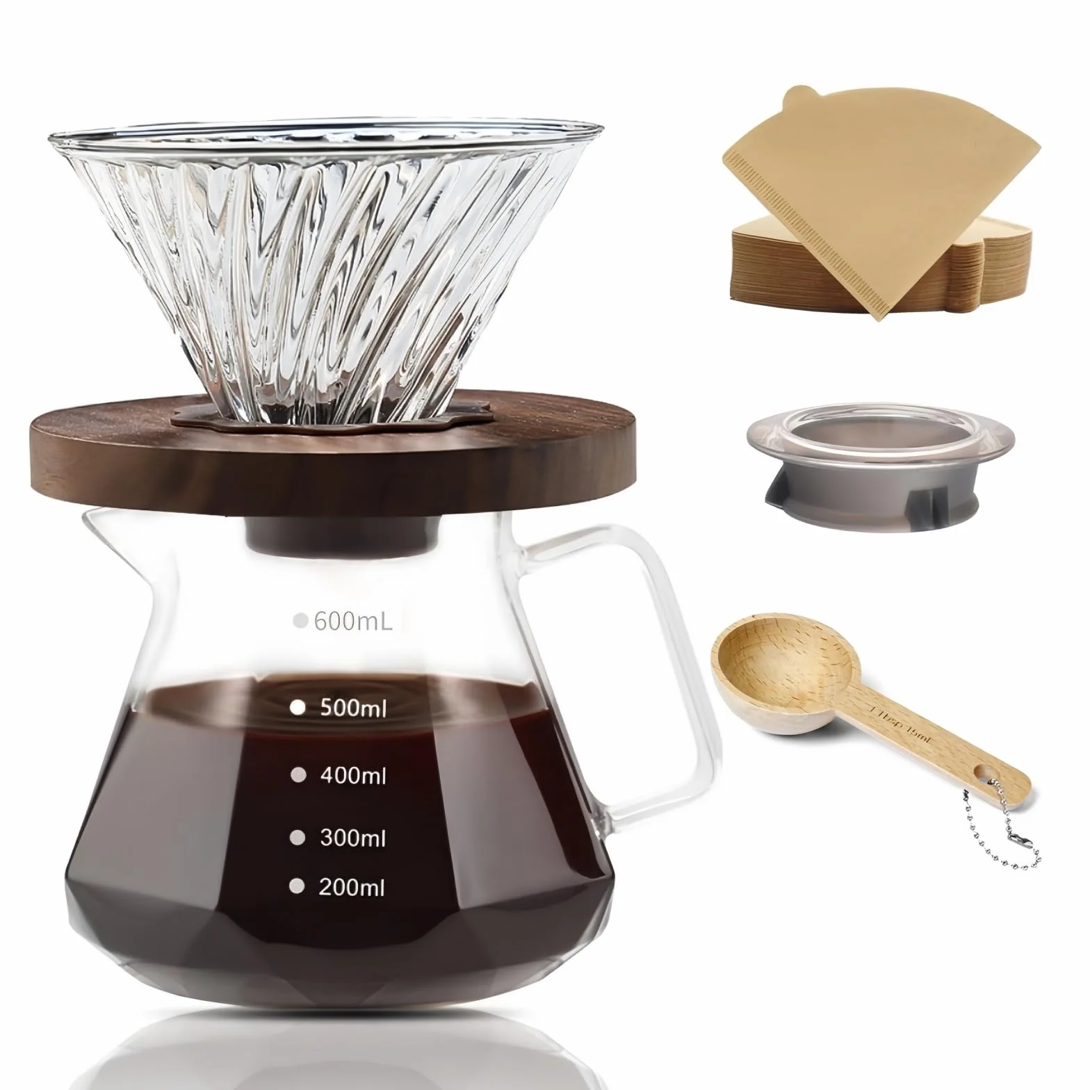 Lot de 50 cafetières en verre borosilicate avec couvercle et filtres en papier - Poignée en noyer