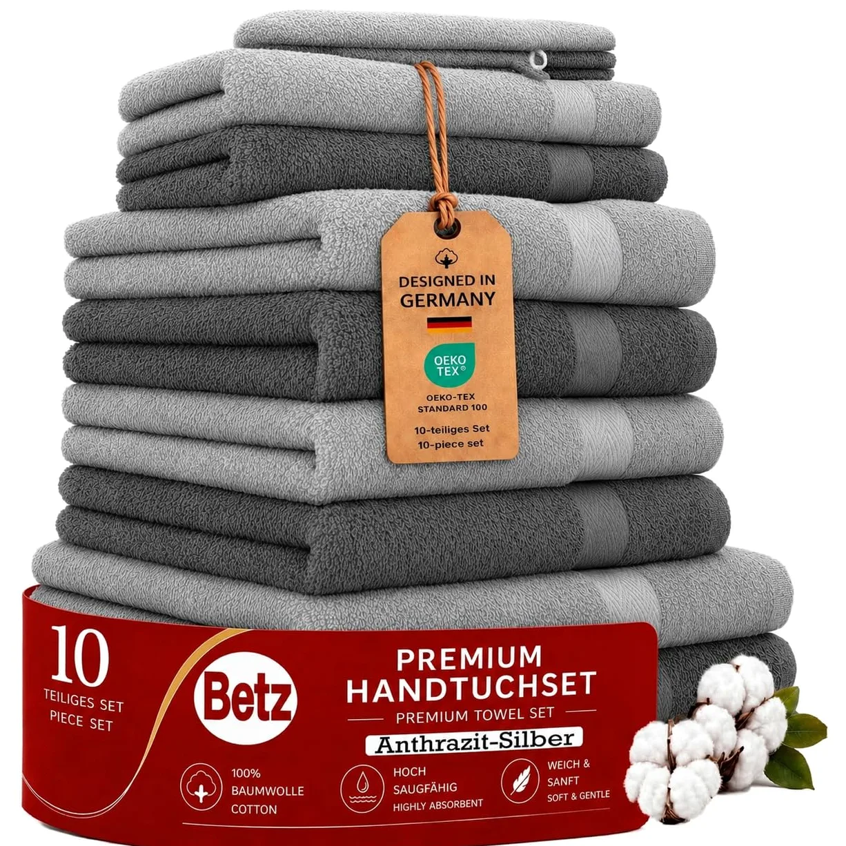 Betz Lot de 10 Serviettes Premium 100% Coton – 2 draps de Bain 70x140, 4 Serviettes 50x100, 2 essui-Mains 30x50, 2 Gants de Toilette – Tout en Tissu éponge Doux - Couleur Anthracite et Gris argenté