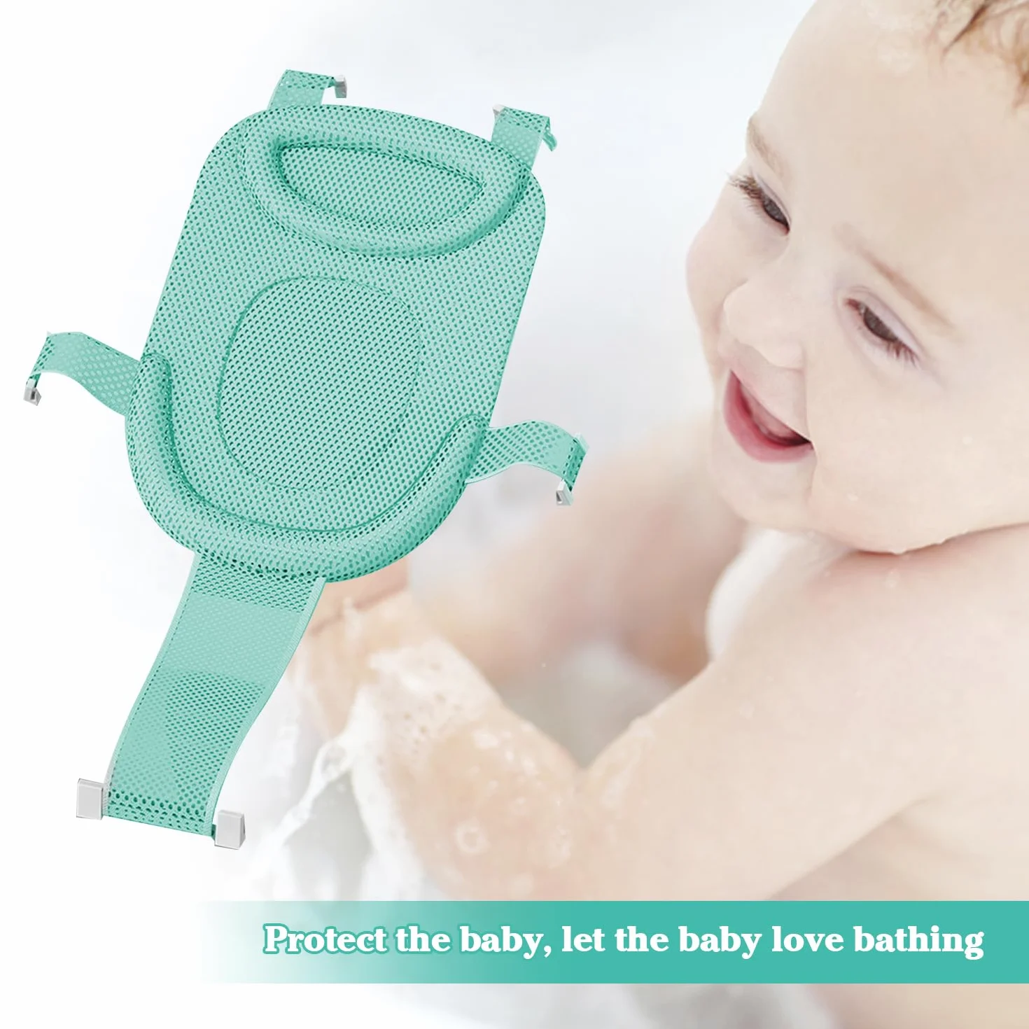 Siège Douche Nouveau-Né Maille Confortable Antidérapant Poche Plateau Vert Clair Tapis Bébé 1 Pièce