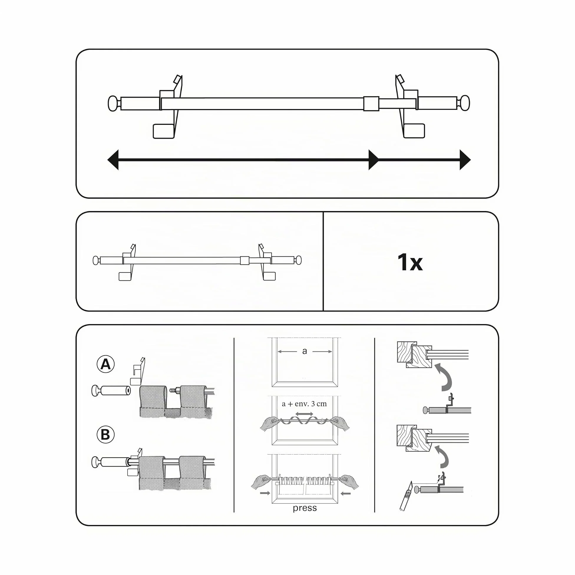 GARDINIA Tringle de vitrage, Fixation par pression, Barre extensible, Pose sans vis et sans perçage, Press&Go Filigrano, Boule, Diamètre: 8/10 mm, Longueur: 30-50 cm, Métal, Blanc (Lot de 6)