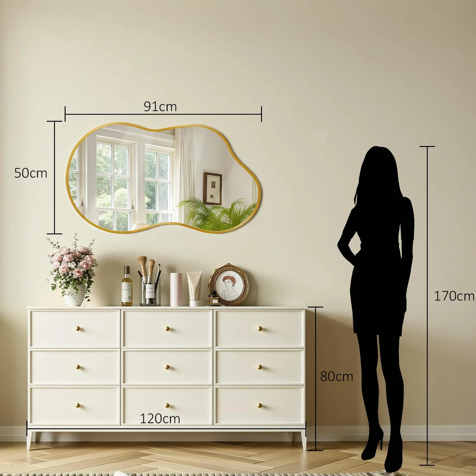 Miroir asymétrique 50x91 cm verre trempé cadre aluminium doré MAMIZO