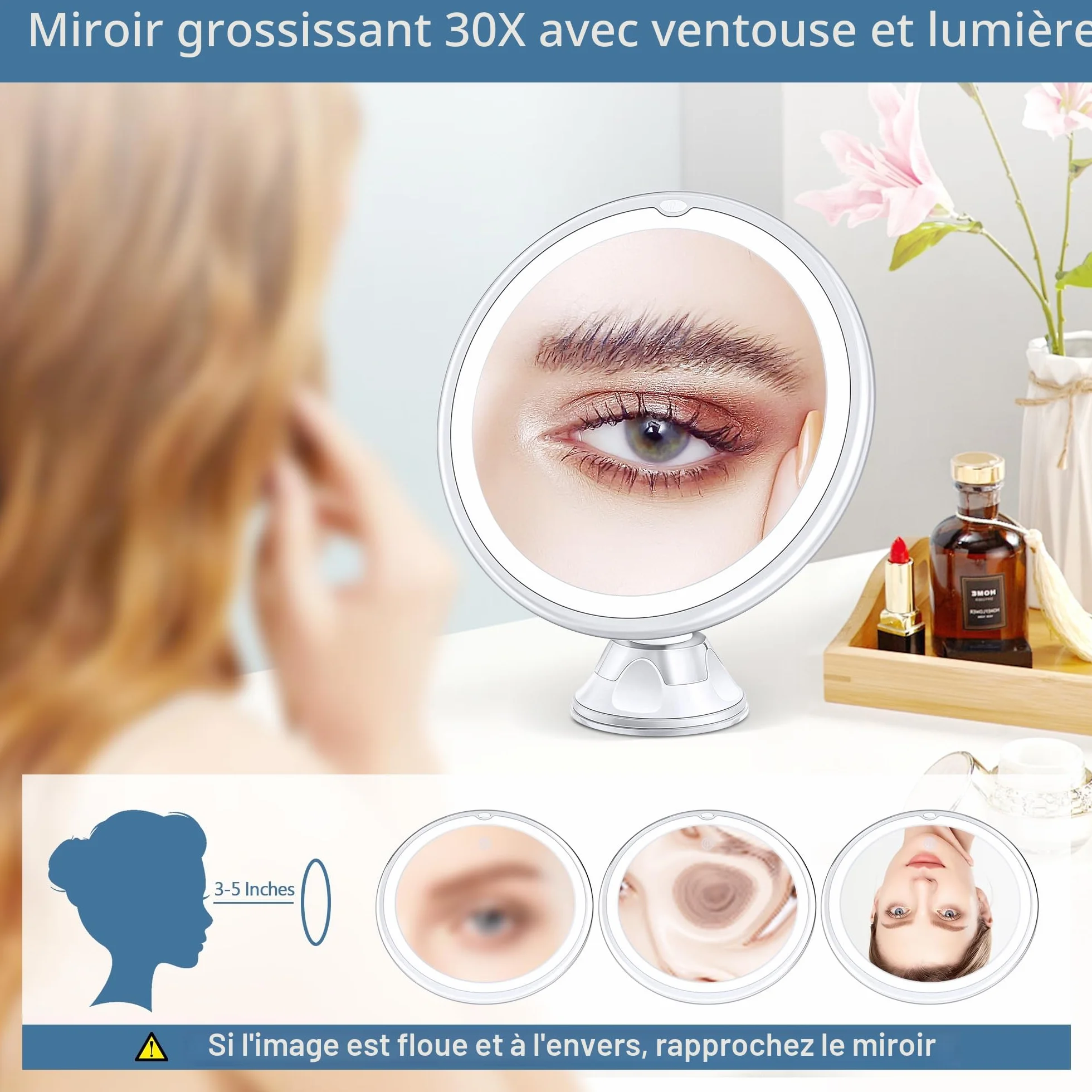 Miyadiva Miroir Grossissant 30X Lumière, Miroir Salle de Bain Ventouse 20cm, 3 Modes Couleurs Luminosité Ajustable
