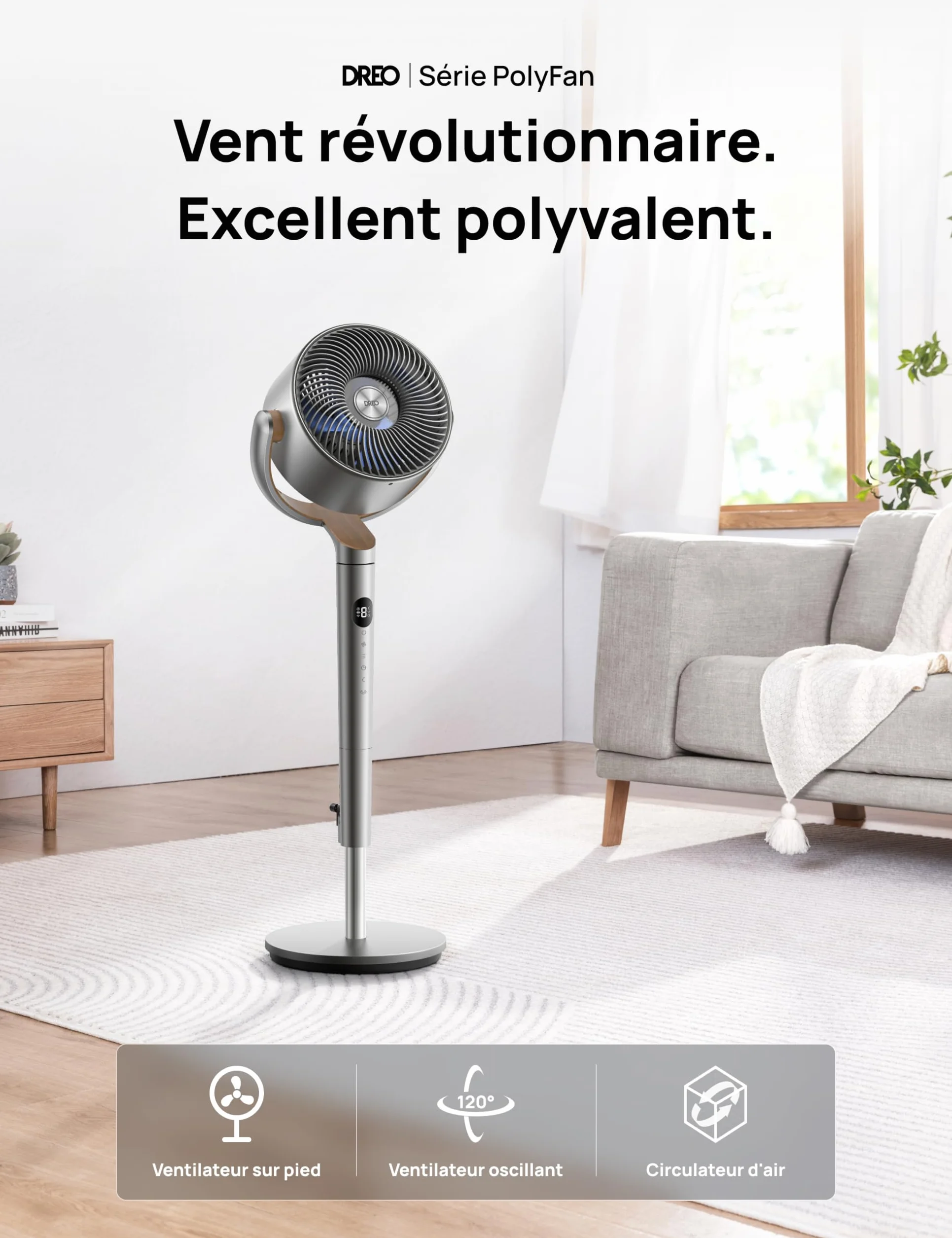 DREO ventilateur sur pied silencieux 23dB 1200m³/h 24M circulateur turbo PolyFan 502
