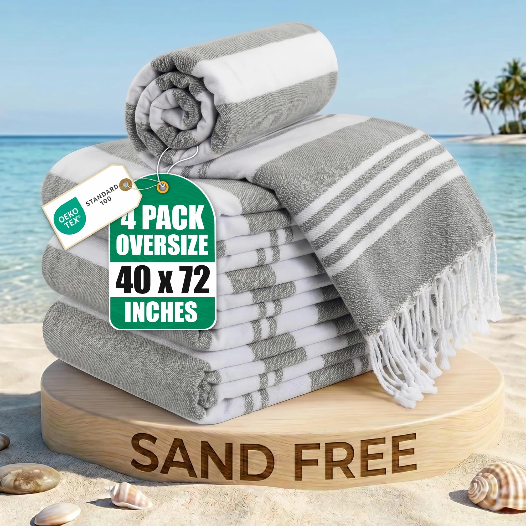 Utopia Towels Peshtemal Lot de 4 Serviettes de Plage Turques 100% Coton résistantes au Sable, légères, à séchage Rapide, pré-lavées, Grandes Tailles, (100 x 183 cm), Gris Frais