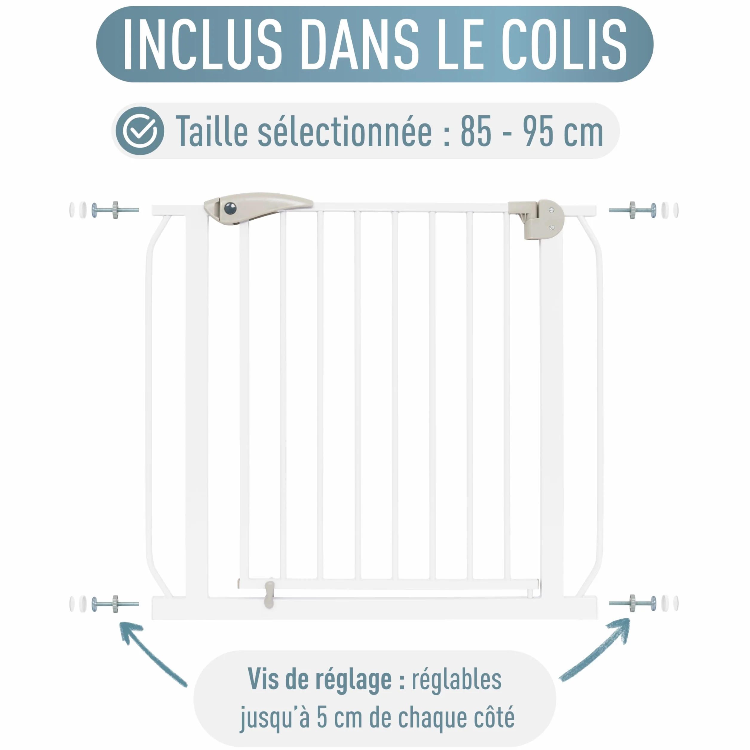 Barrière de Sécurité Berrin 58-185, sans Perçage, Fixation par Pression, pour Enfants 6-24 Mois, Blanc Gris, 85-95 cm