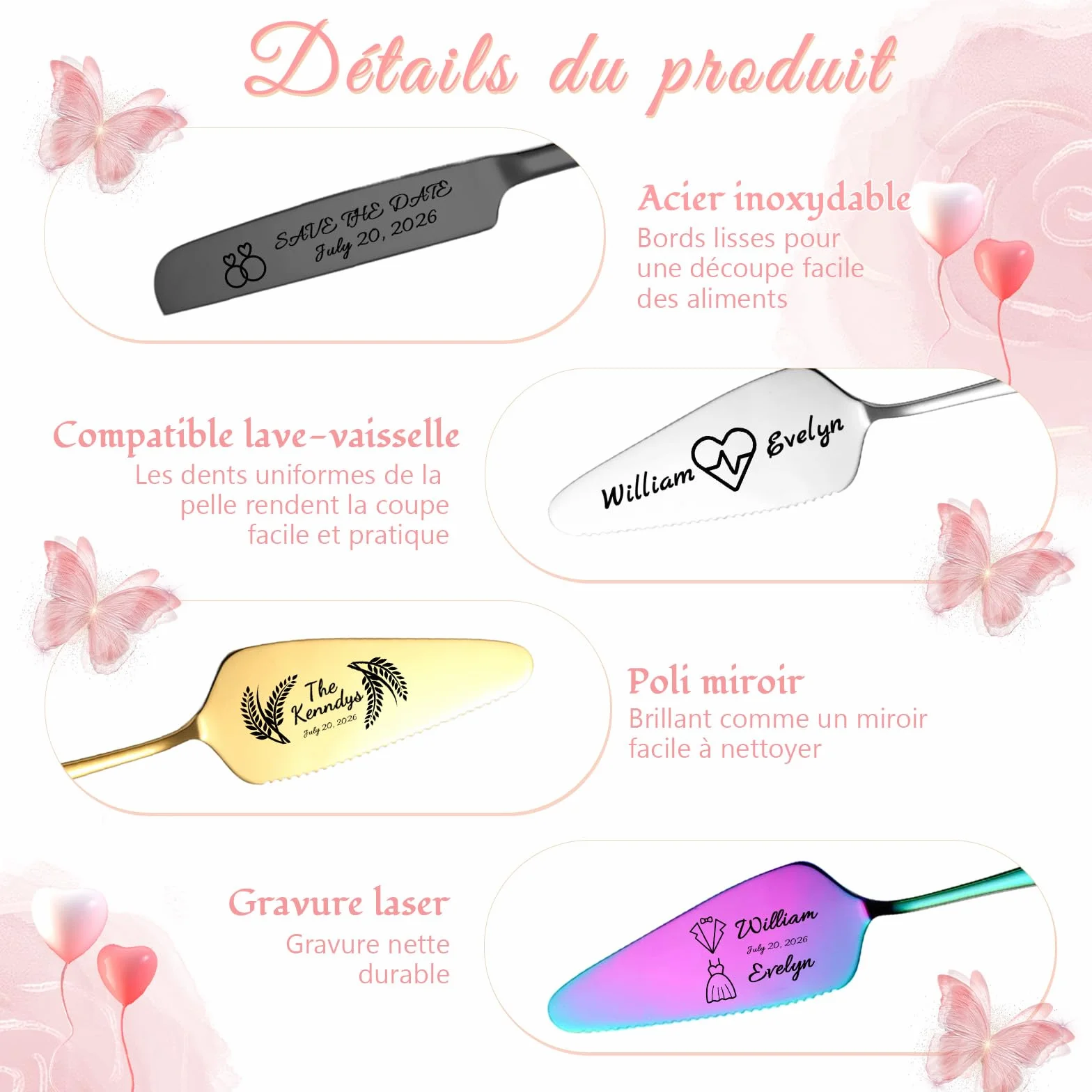 Couteau et Pelle à Gâteau de Mariage Personnalisé en Acier Inoxydable avec Gravure Originale – Noir