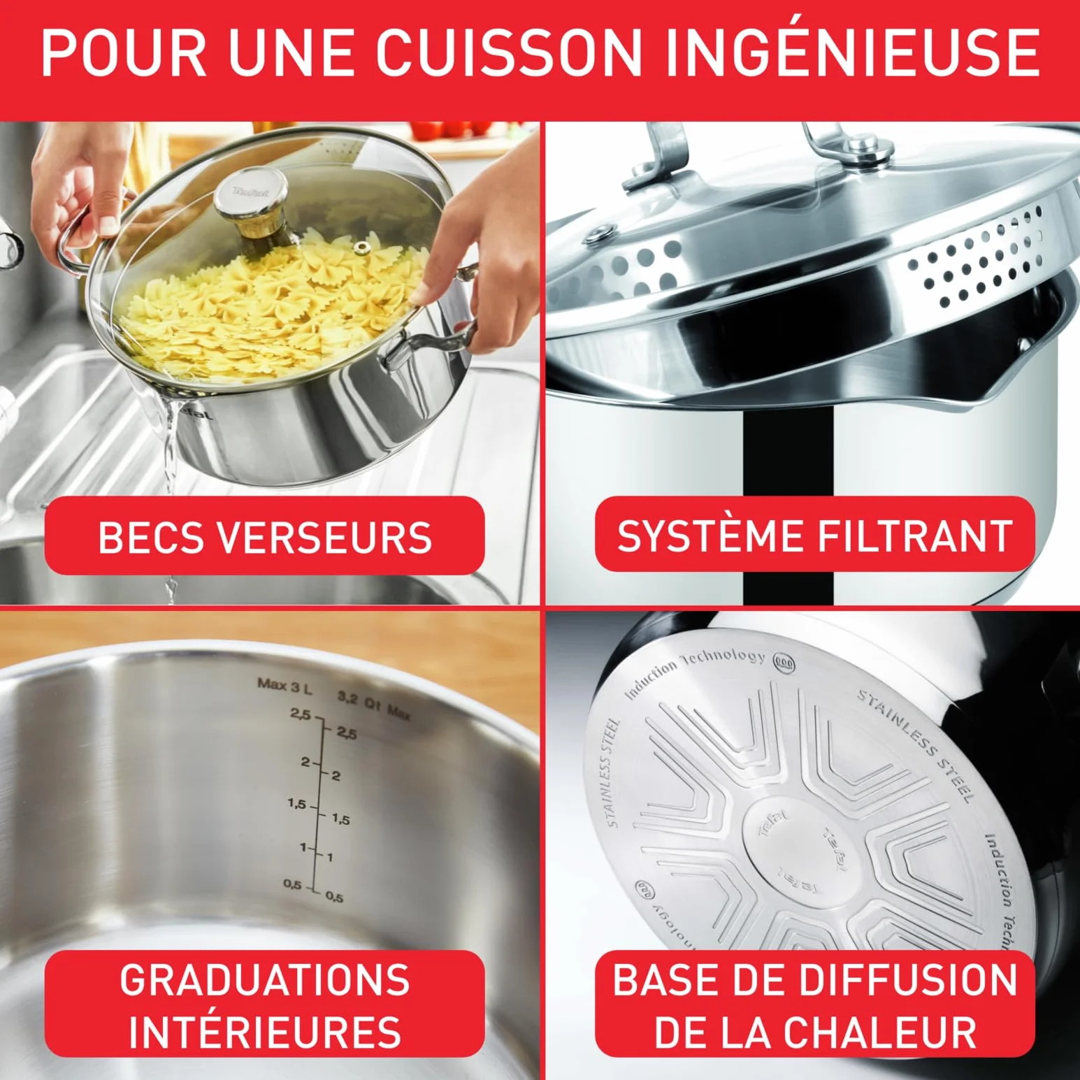 Tefal Faitout 20 cm Induction Casserole Acier inoxydable 18/10 Couvercle filtrant en verre