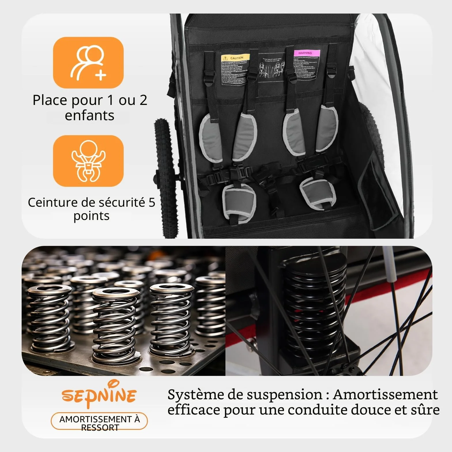Remorque vélo 2 en 1 pliable pour 1 à 2 enfants avec suspension, poussette jogging grand rangement
