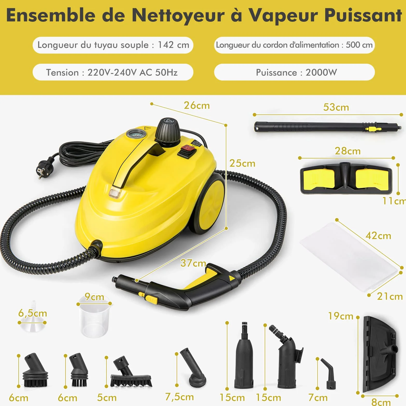 COSTWAY Nettoyeur Vapeur Haute Pression 2000W 13 Accessoires 5 Bars 1.8L Jaune