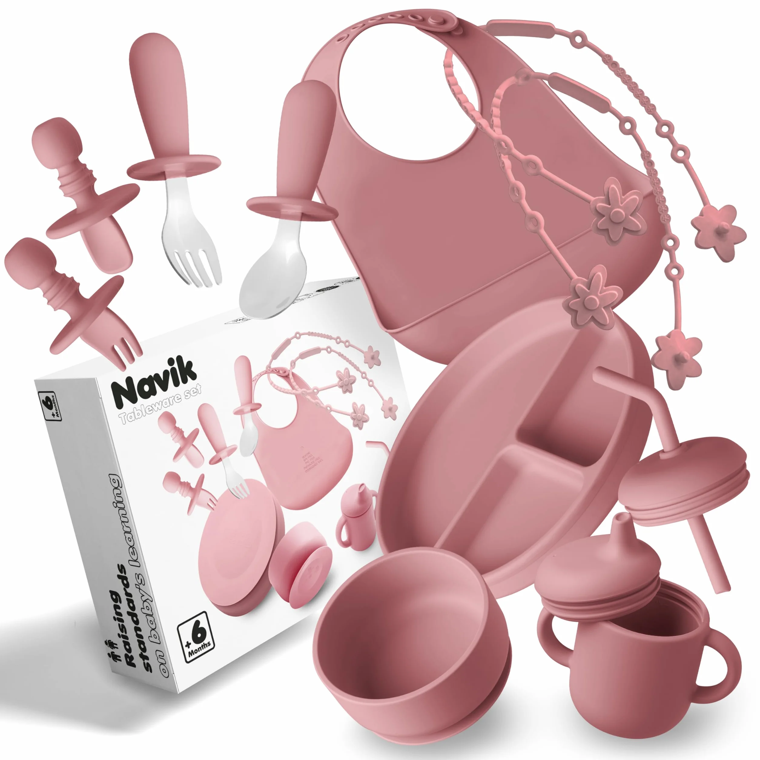 Coffret repas bébé 12 pièces Assiette ventouse Tasse apprentissage Bol Bavoir Couverts Rose