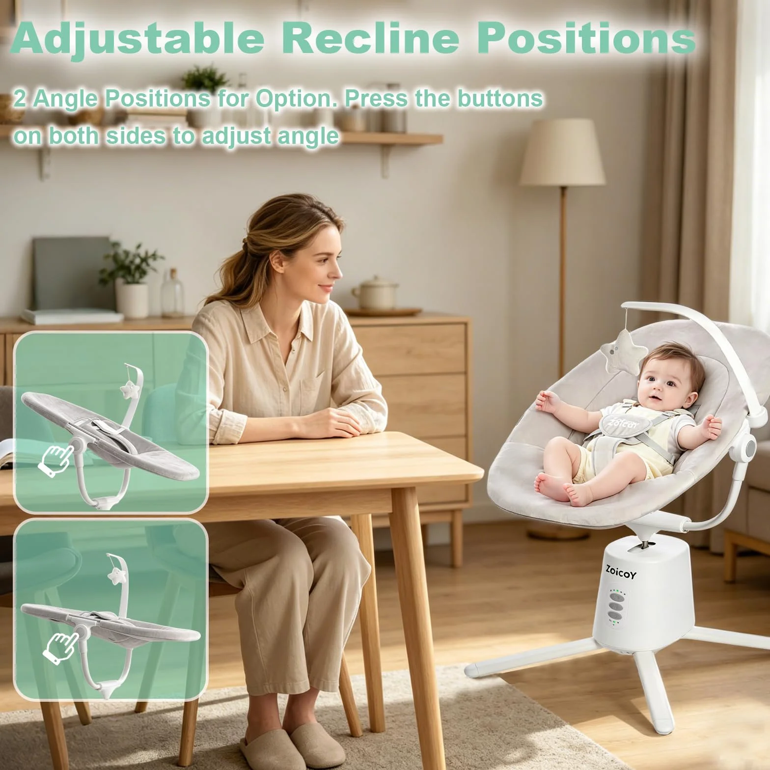Transat Bébé Électrique Zoicay Balancelle 3 Modes Inclinaison Réglable Bluetooth Télécommande Blanc