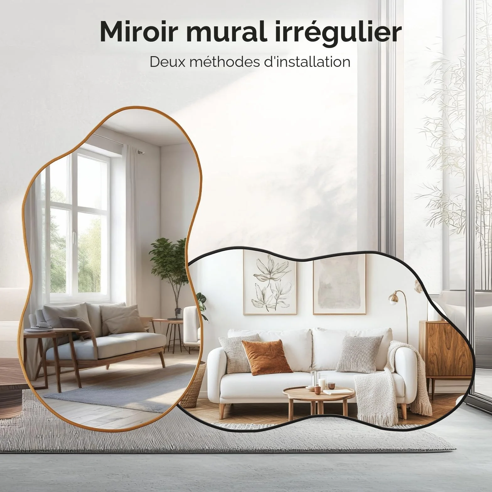 Miroir asymétrique 50x91 cm verre trempé cadre aluminium doré MAMIZO