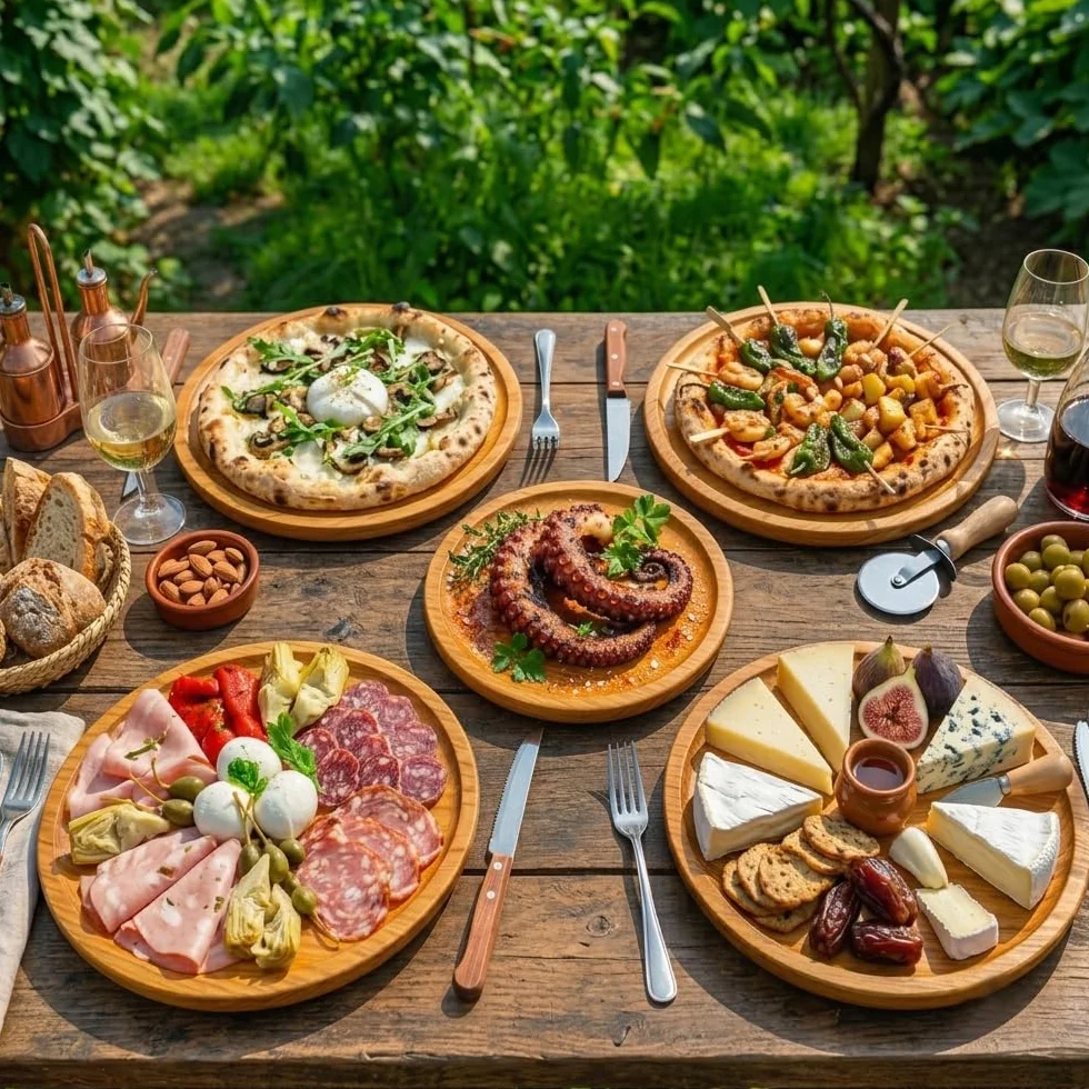Planche/Assiette à Poulpe - Plateau de Service - Assiette en Bois pour Fromage, Viande - Poulpe Plat - Planche à Pizza - Tranche de Bois Ronde - Lot de 6 - Ø 26 cm