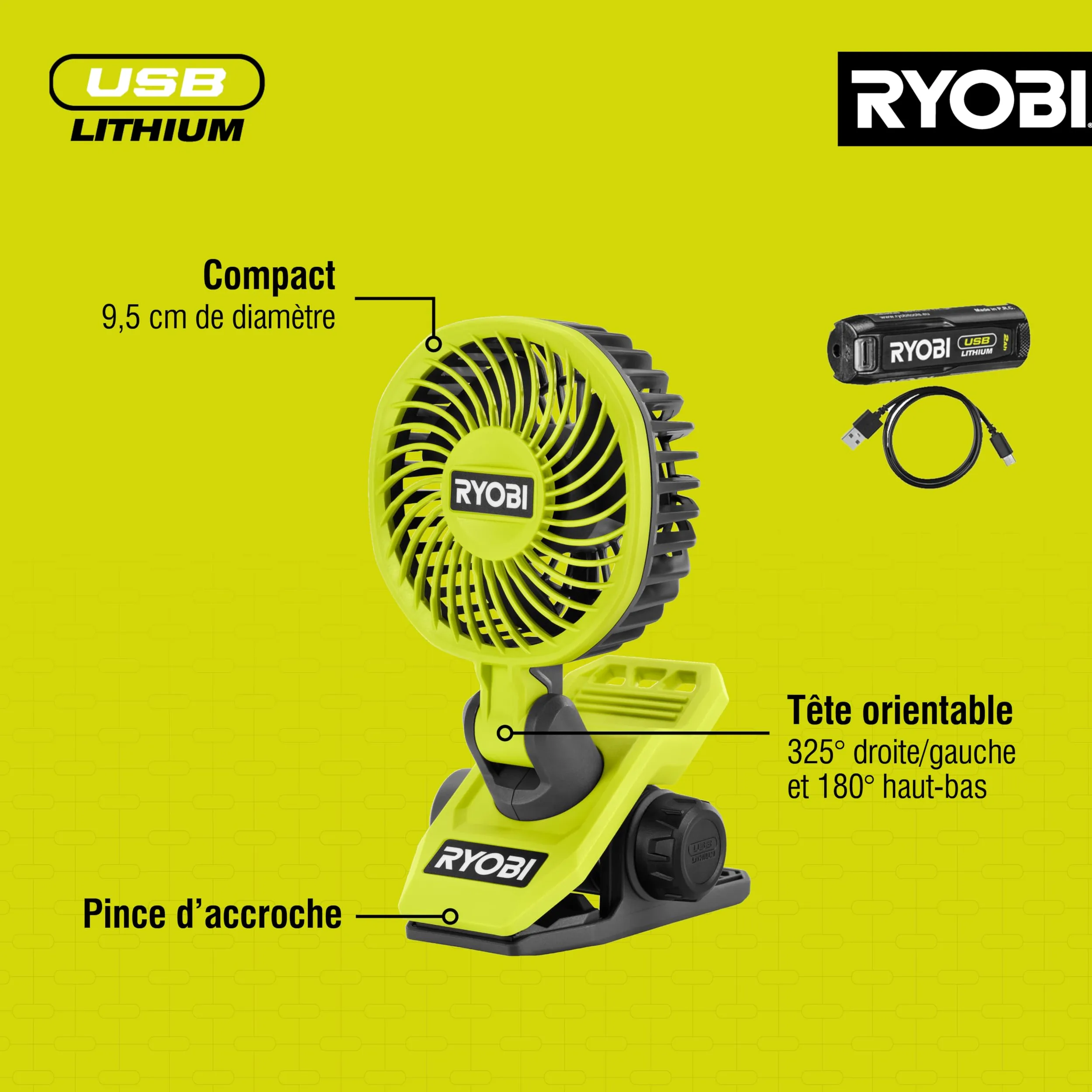 RYOBI - Ventilateur à Pince 4V USB Lithium RCF4-120G - Portable & Orientable - Idéal pour Se Rafraîchir en Bricolant, Camping ou Bureau - Inclus Batterie 2,0Ah & Câble