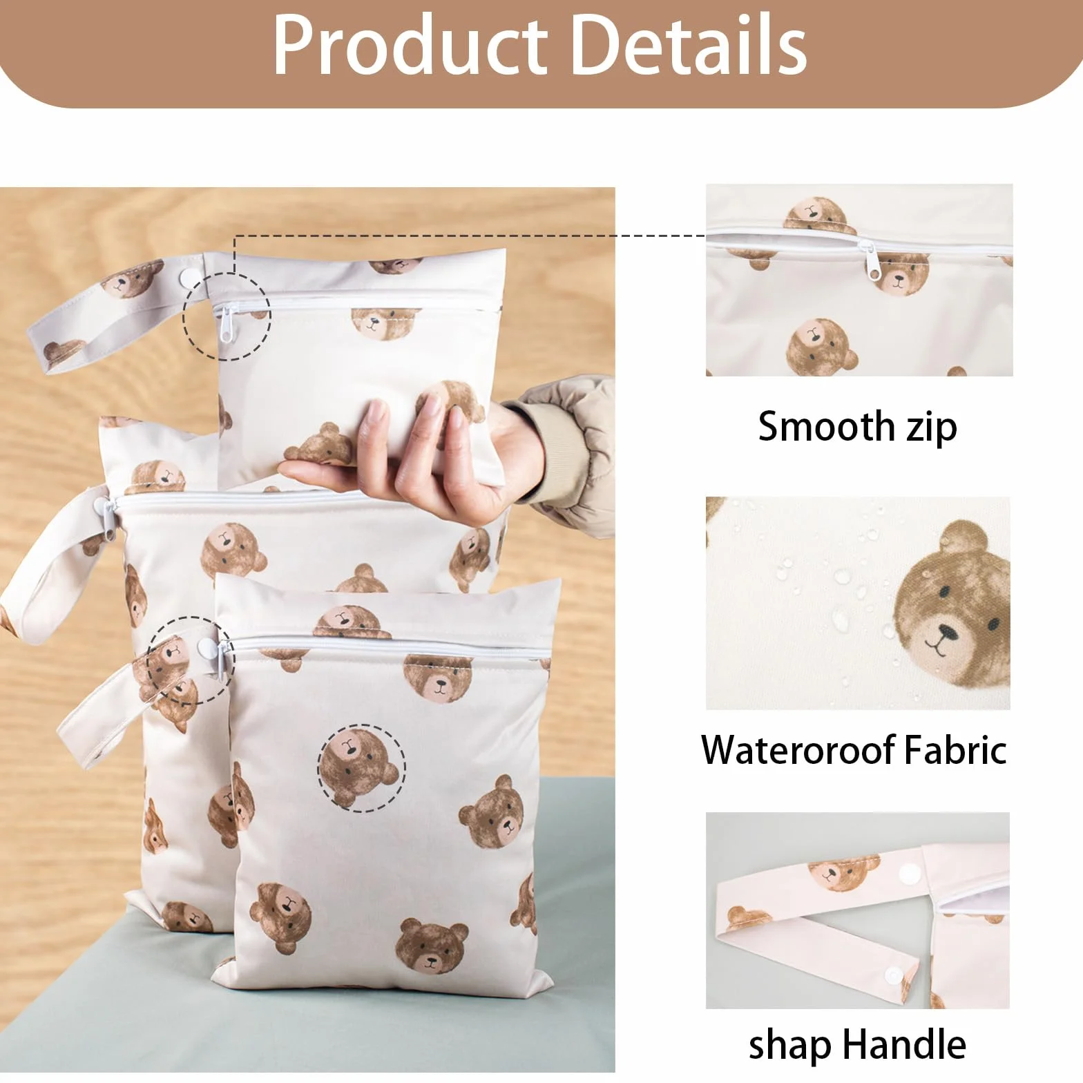 Sac à Couches Lavables 3 Pièces, Sac Étanche Réutilisable pour Bébé avec Fermeture Éclair