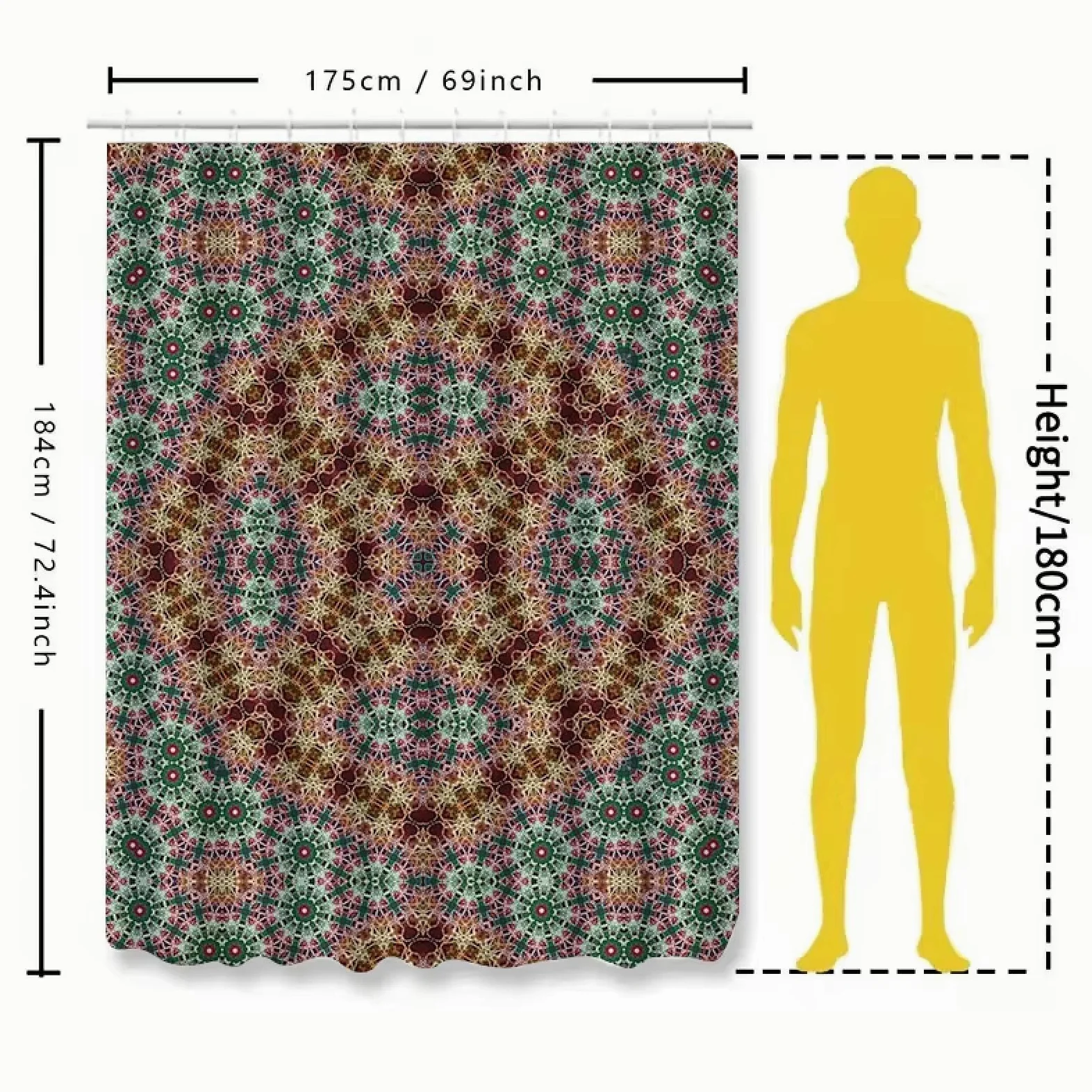Rideau de Douche kaléidoscope Rouge, Vert et Jaune, Motif Floral Unique, décoration d'intérieur, Salle de Bain, Tissu imperméable, 280 x 200 cm (110 x 79 Pouces)