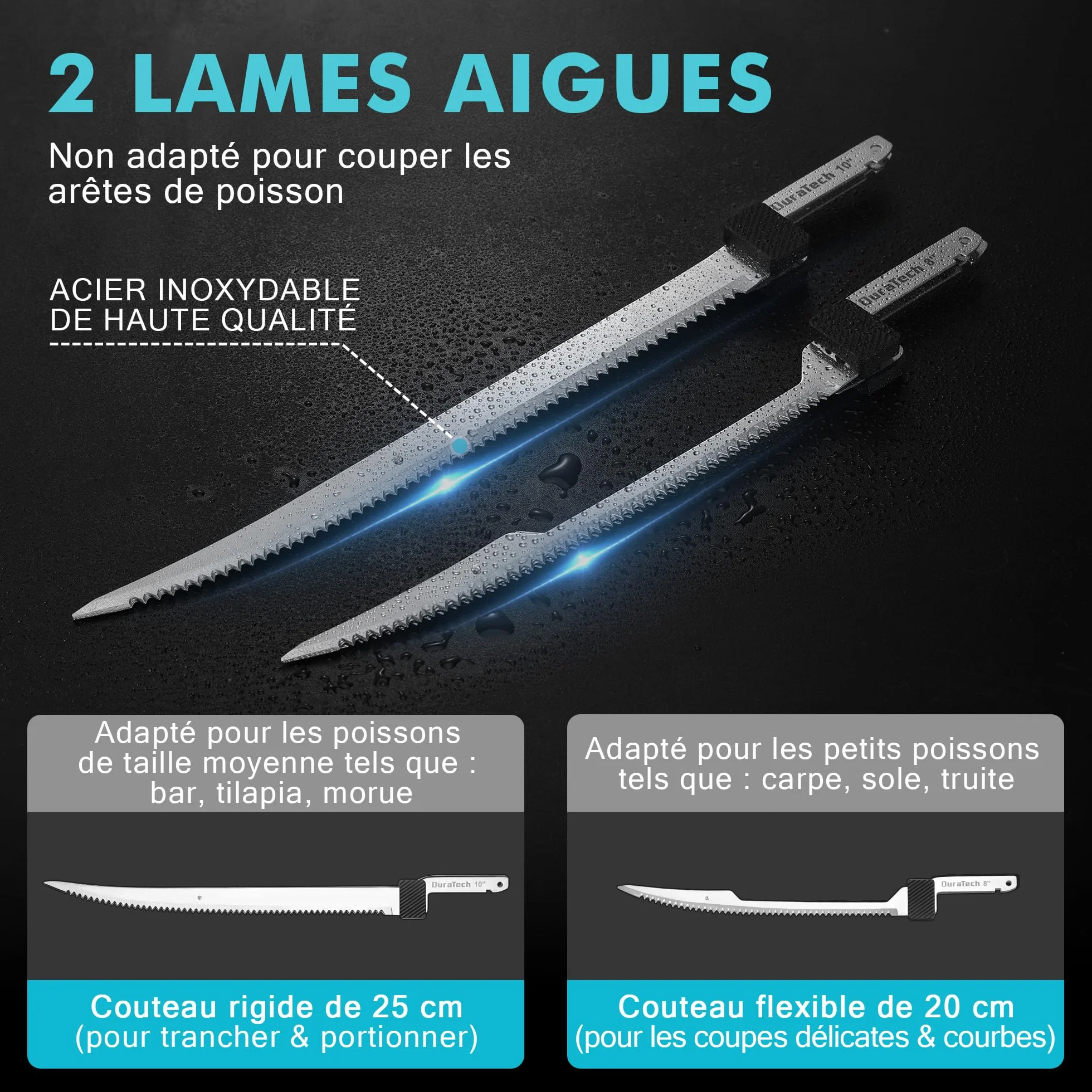 DURATECH Couteau à Filet Électrique sans Fil Rechargeable 2 Lames 20cm/25cm Poignée Antidérapante Verrou de Sécurité LED